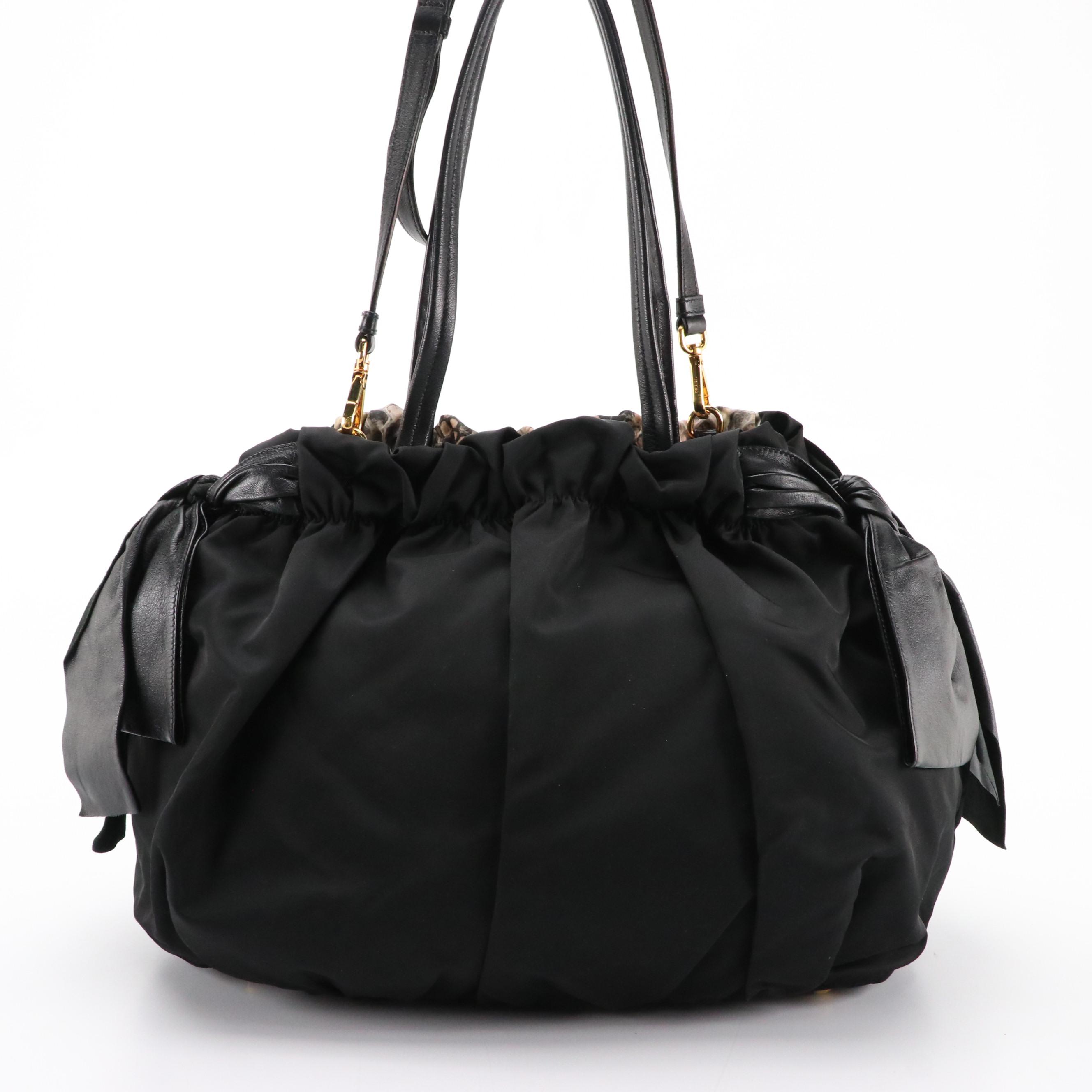 Prada Black Python Print Nylon Two-Way Shoulder Bag With Leather Bow Accents