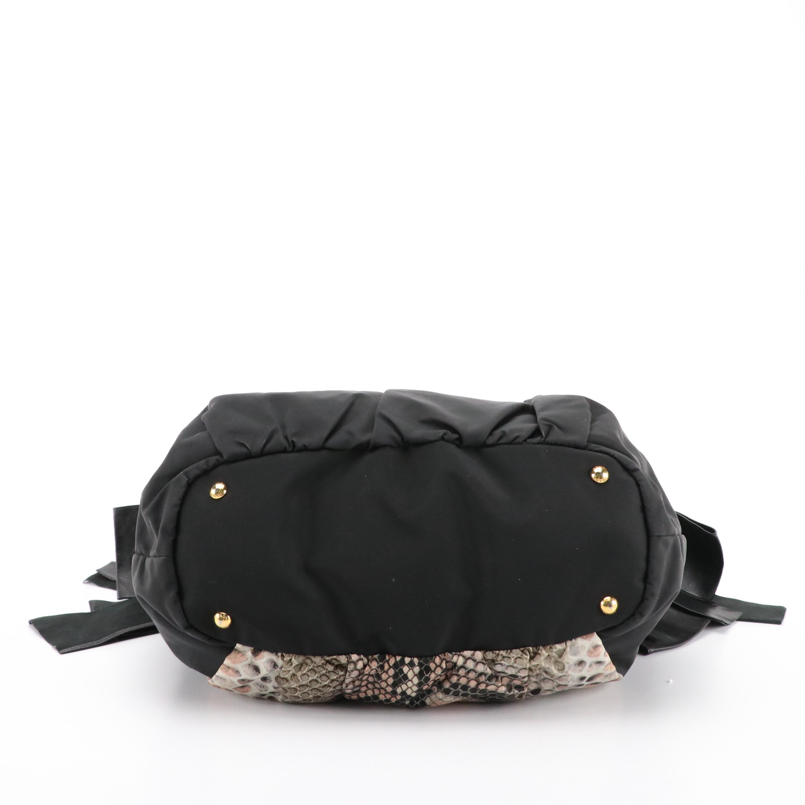 Prada Black Python Print Nylon Two-Way Shoulder Bag With Leather Bow Accents