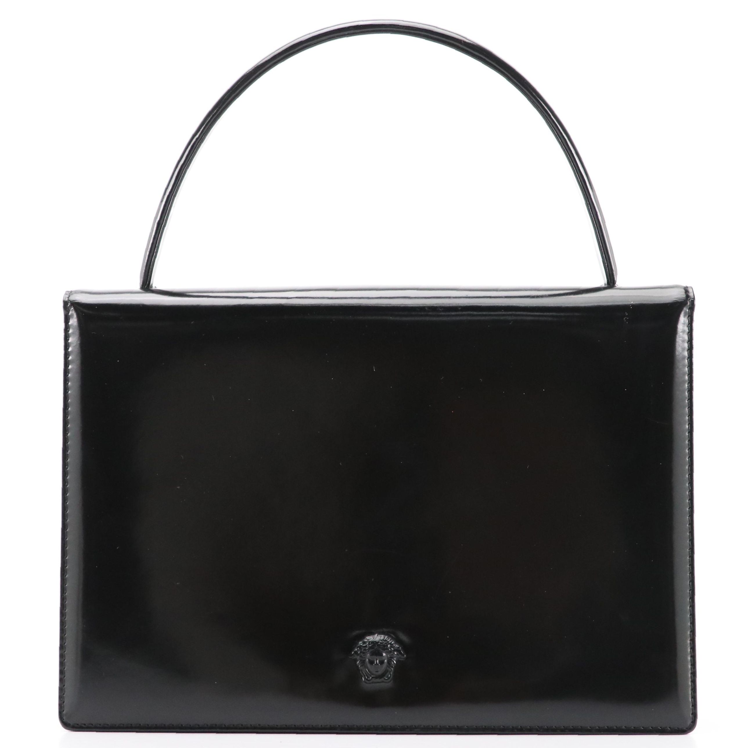 Gianni Versace Black Patent Leather and Nylon Front-Flap Top Handle Bag