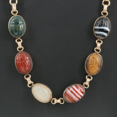 Mixed Gemstone Scarab Necklace with Agate, Tiger's Eye and Carnelian
