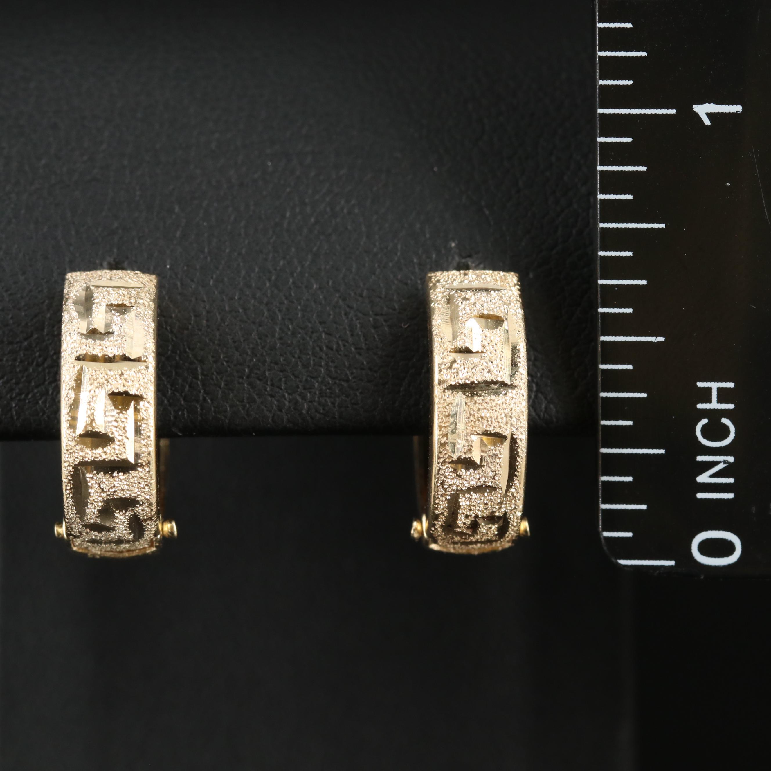 14K Diamond Cut Greek Key Hoop Earrings