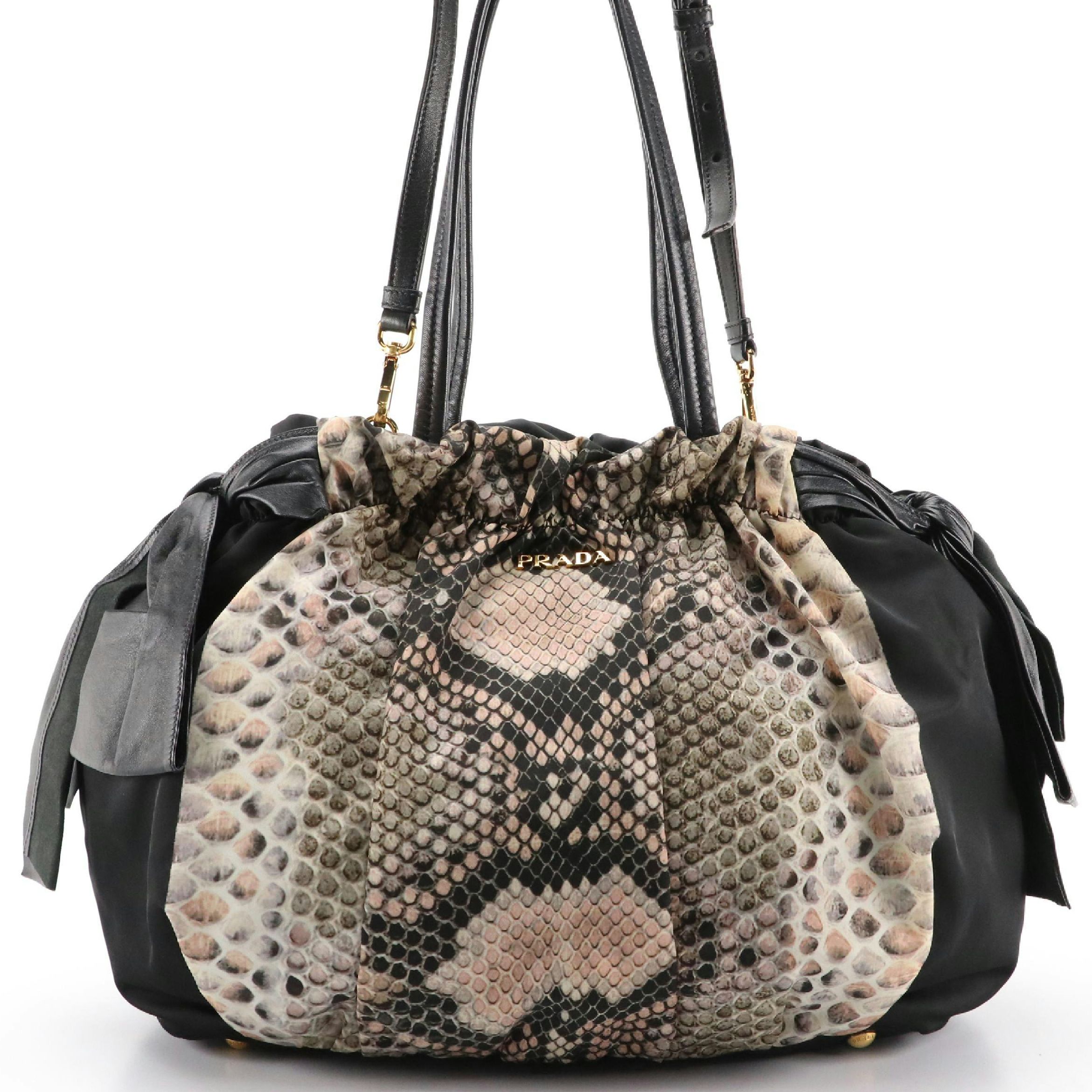 Prada Black Python Print Nylon Two-Way Shoulder Bag With Leather Bow Accents