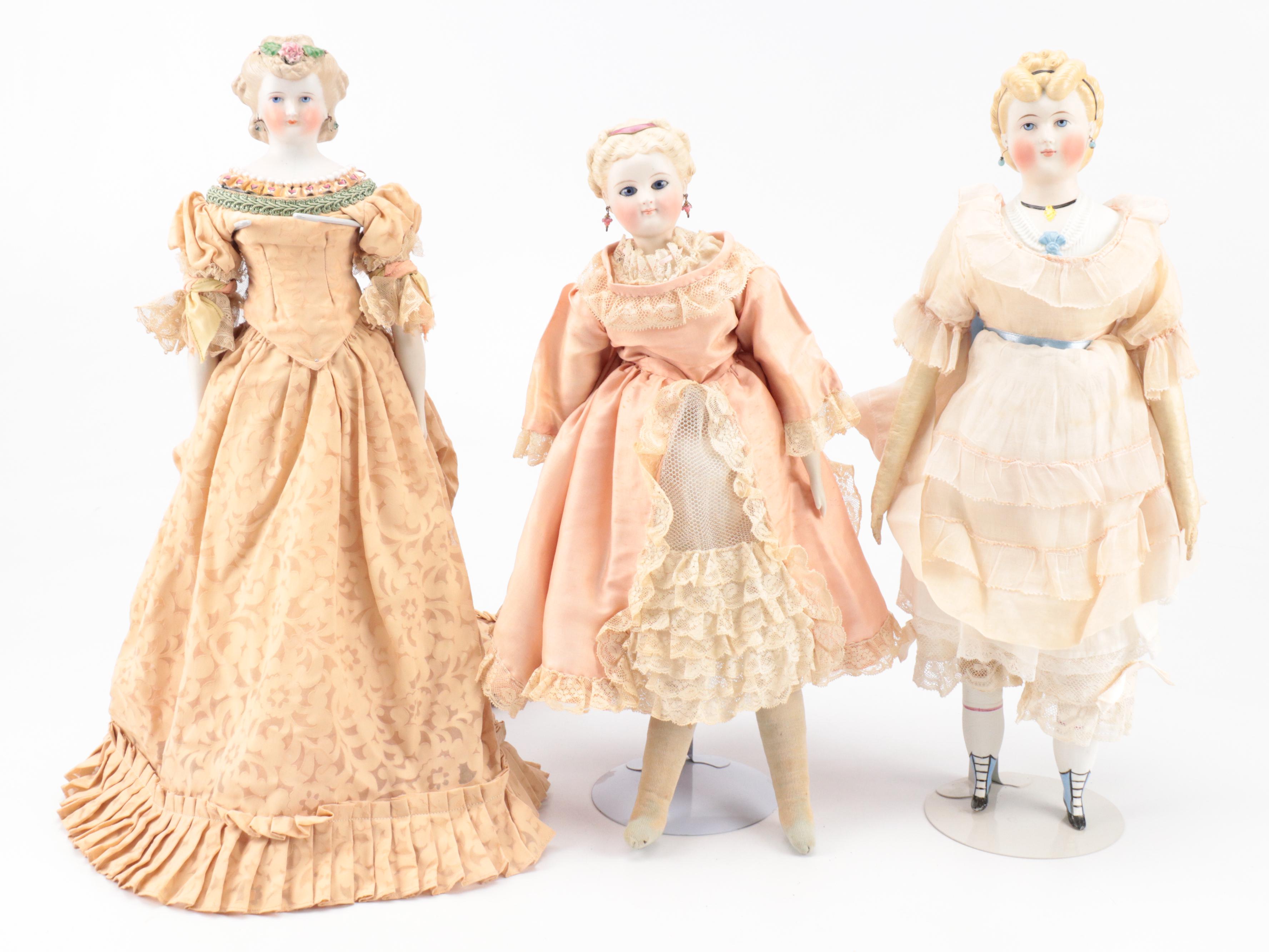 German Glass Eyed and Other Molded  Hair Parian Lady Dolls with Cloth Bodies