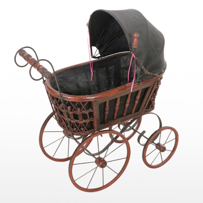French Wicker, Turned Wood and Scrolled Metal Doll Pram, 20th Century