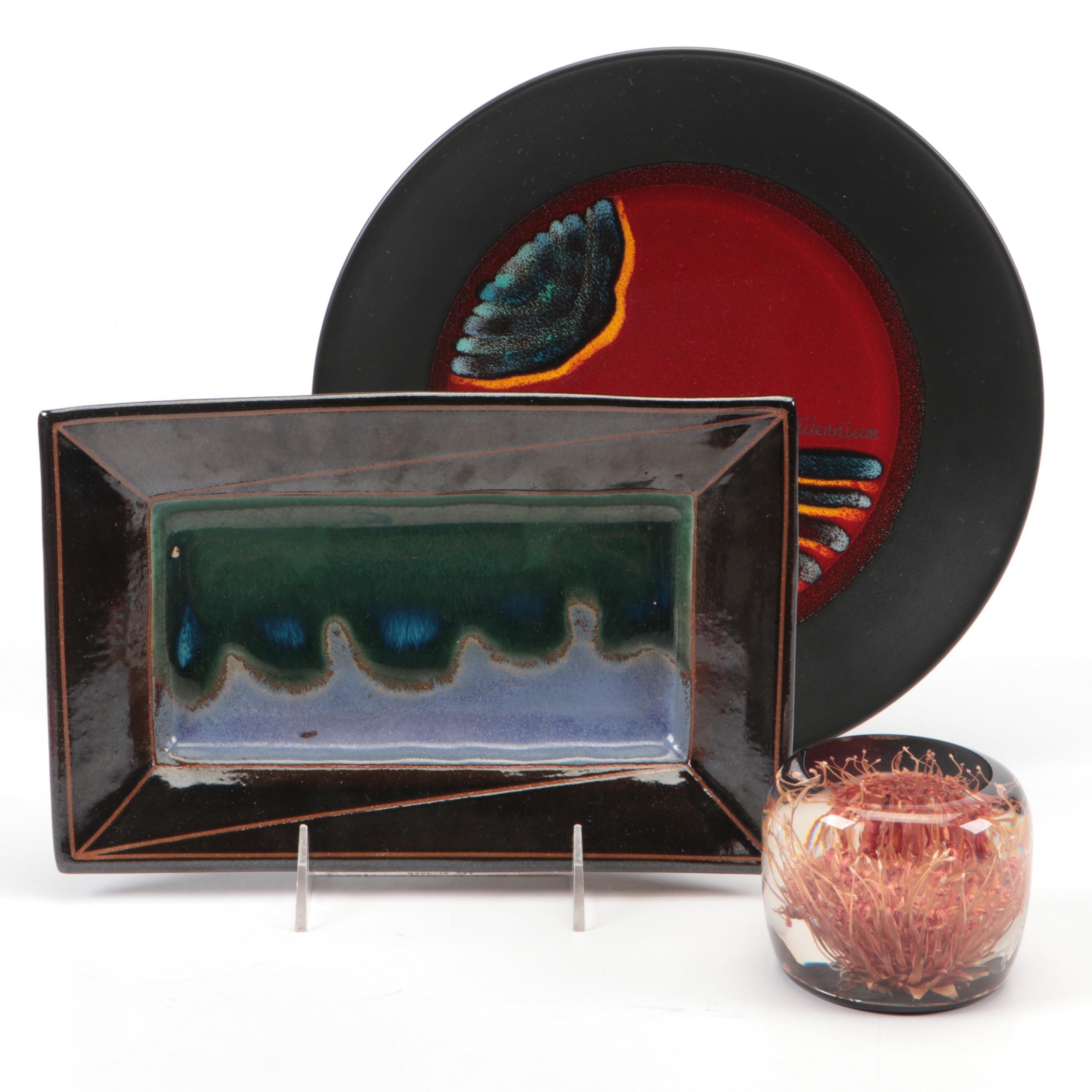 Studio Art Pottery Slab-Formed Tray with Other Plate and Resin Paperweight