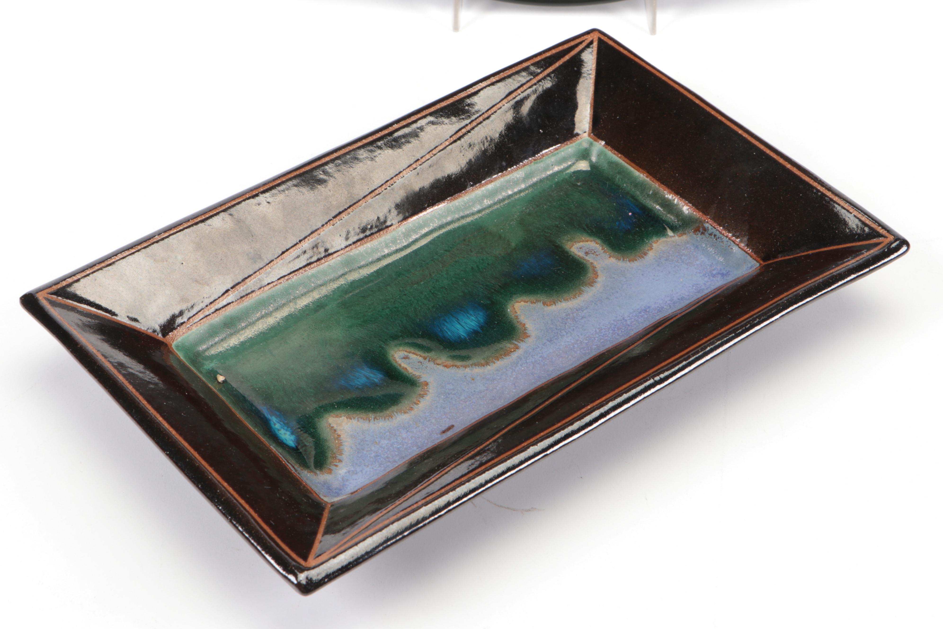 Studio Art Pottery Slab-Formed Tray with Other Plate and Resin Paperweight