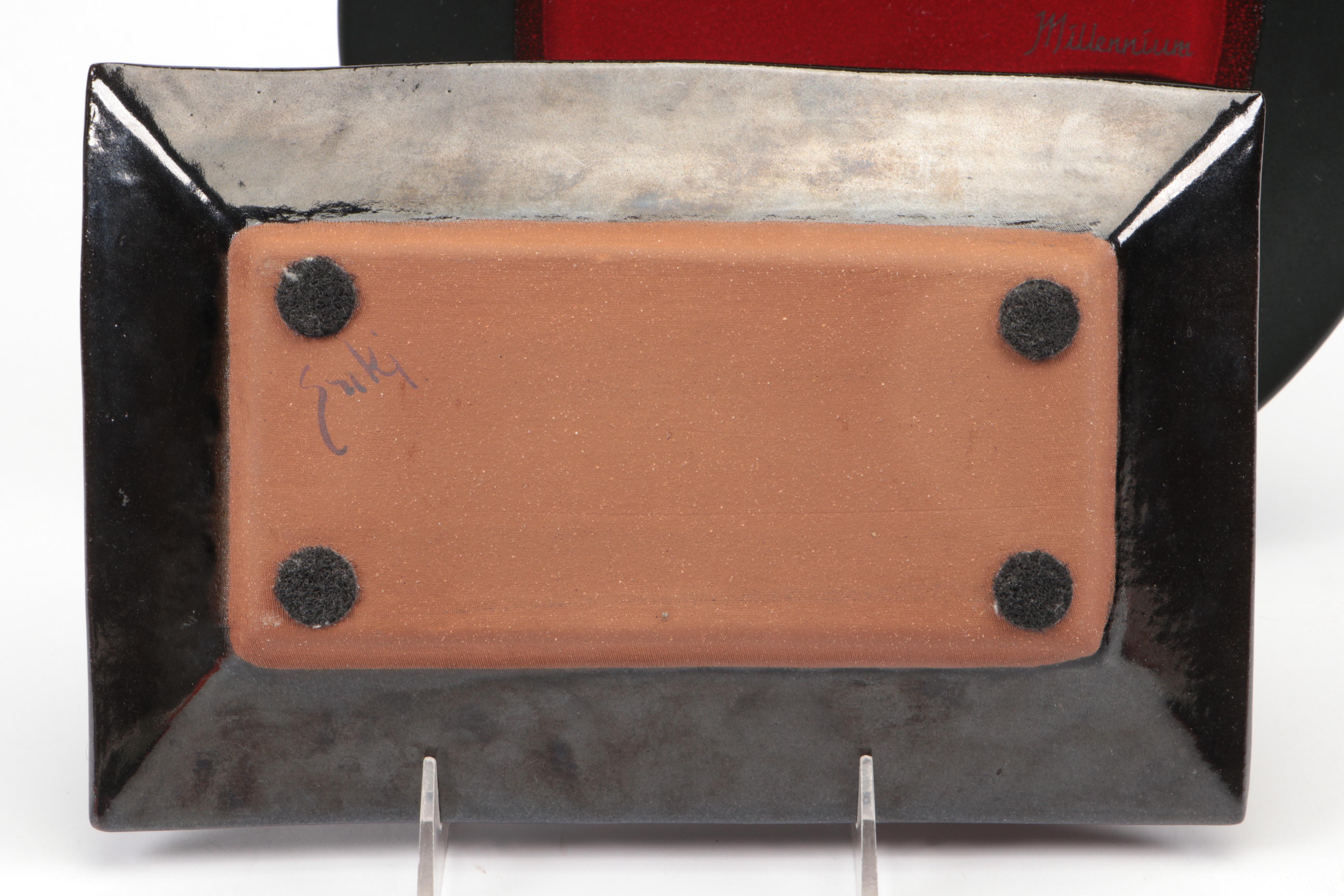 Studio Art Pottery Slab-Formed Tray with Other Plate and Resin Paperweight