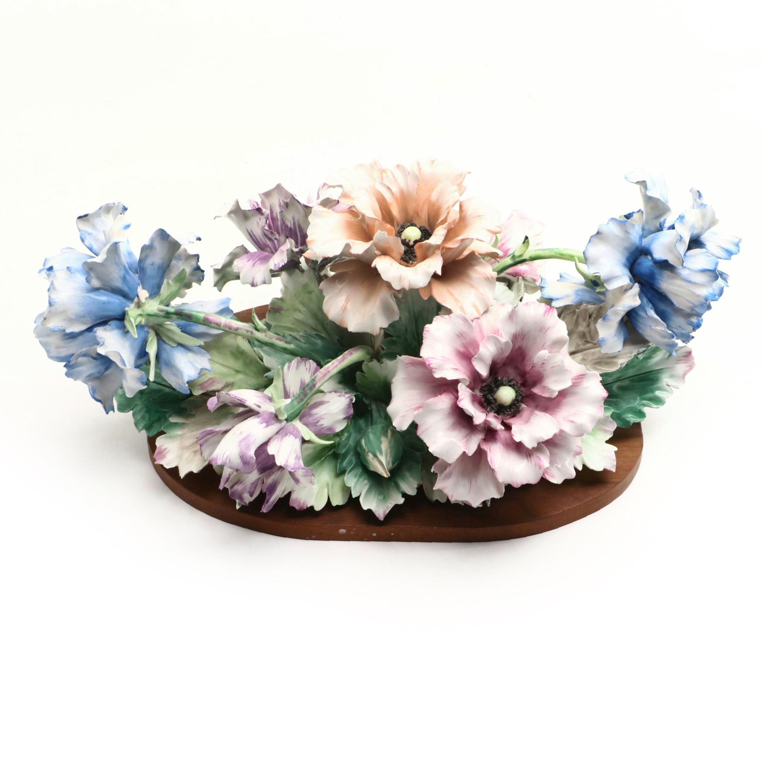 Capodimonte Style Ceramic Flower Figurines with Finish Wood Stand