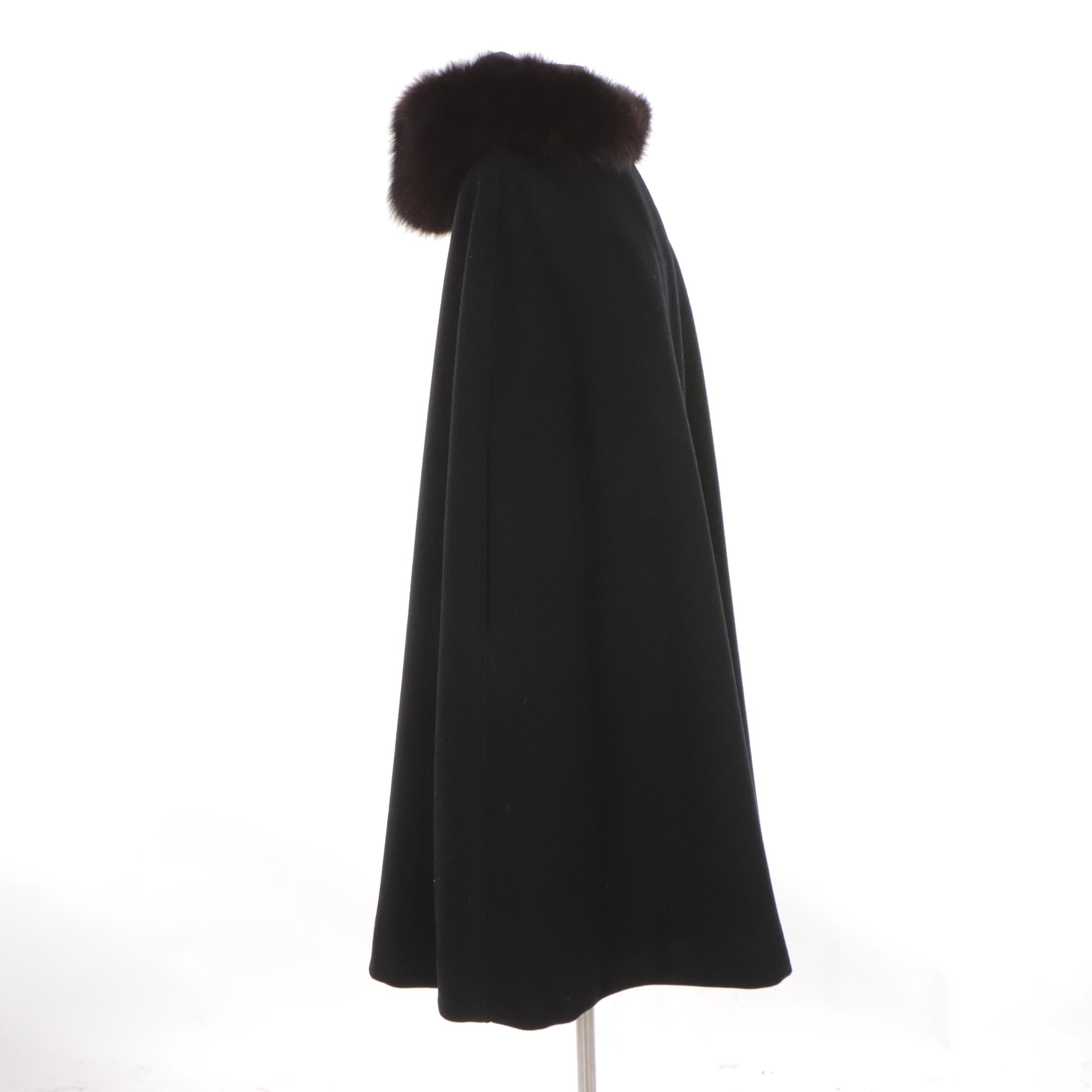 Hooded Black Wool Cloak with Fox Fur Trim