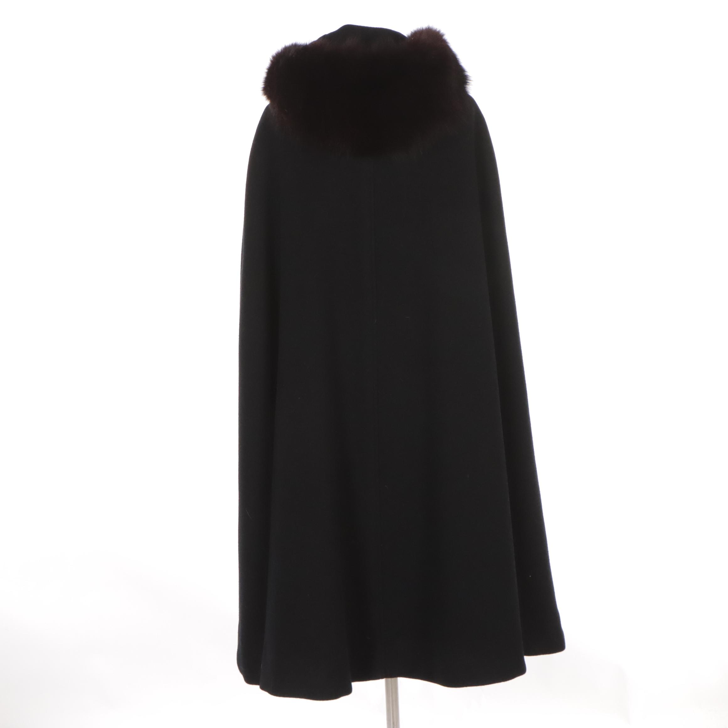 Hooded Black Wool Cloak with Fox Fur Trim