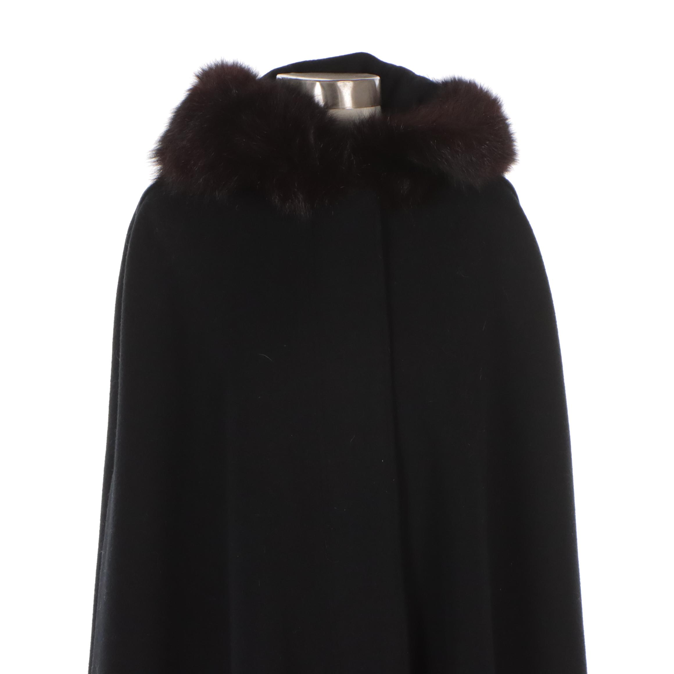 Hooded Black Wool Cloak with Fox Fur Trim