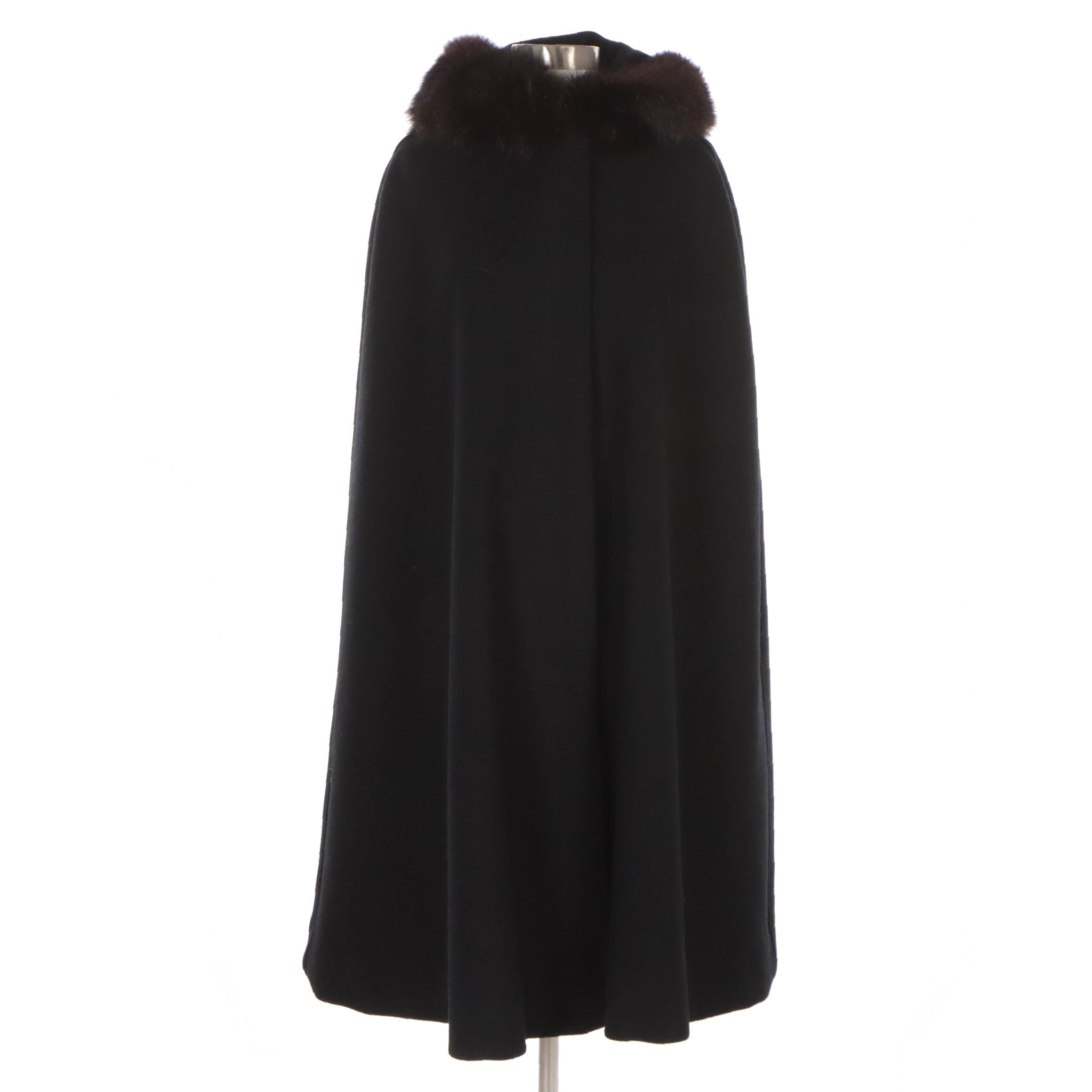 Hooded Black Wool Cloak with Fox Fur Trim
