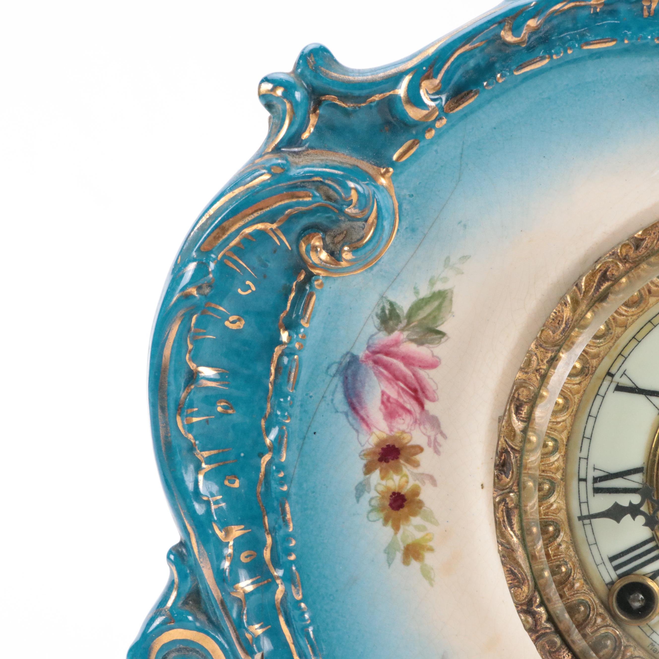 Ansonia Royal Bonn "Royal Bonn" Porcelain Mantel Clock, Late 19th/ Early 20th C.