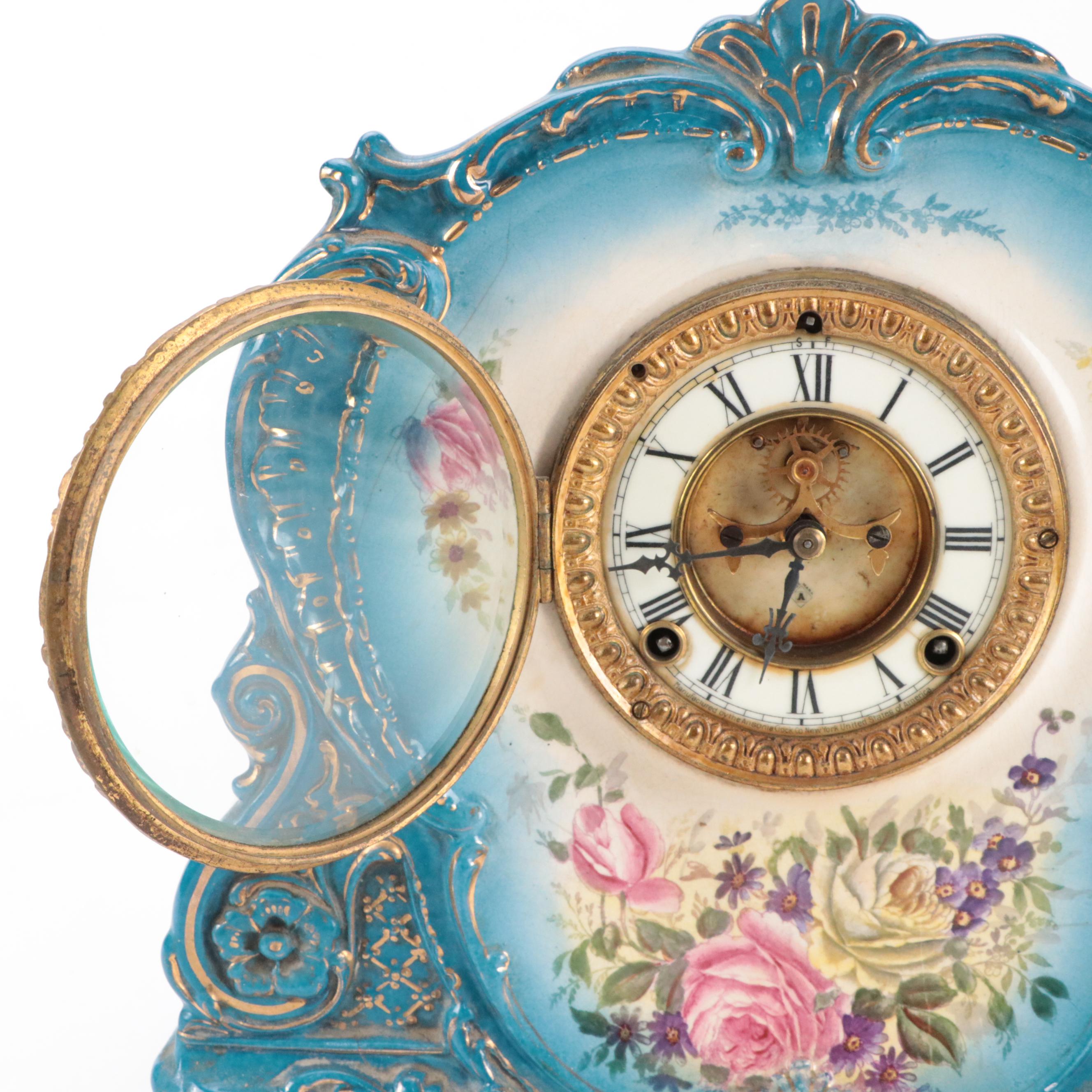 Ansonia Royal Bonn "Royal Bonn" Porcelain Mantel Clock, Late 19th/ Early 20th C.