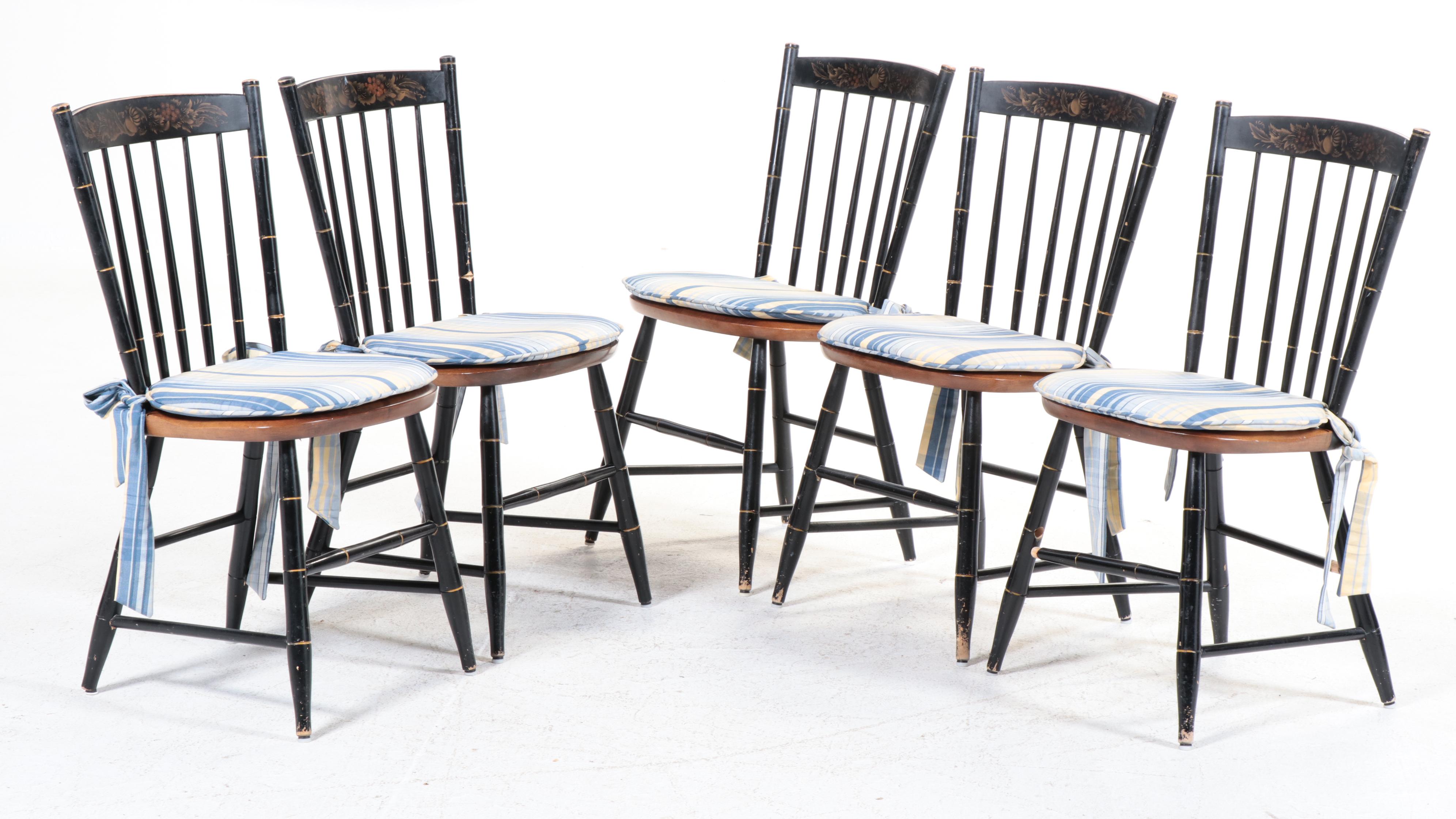 Five Stencil-Decorated L. Hitchcock Chairs with Pine Table