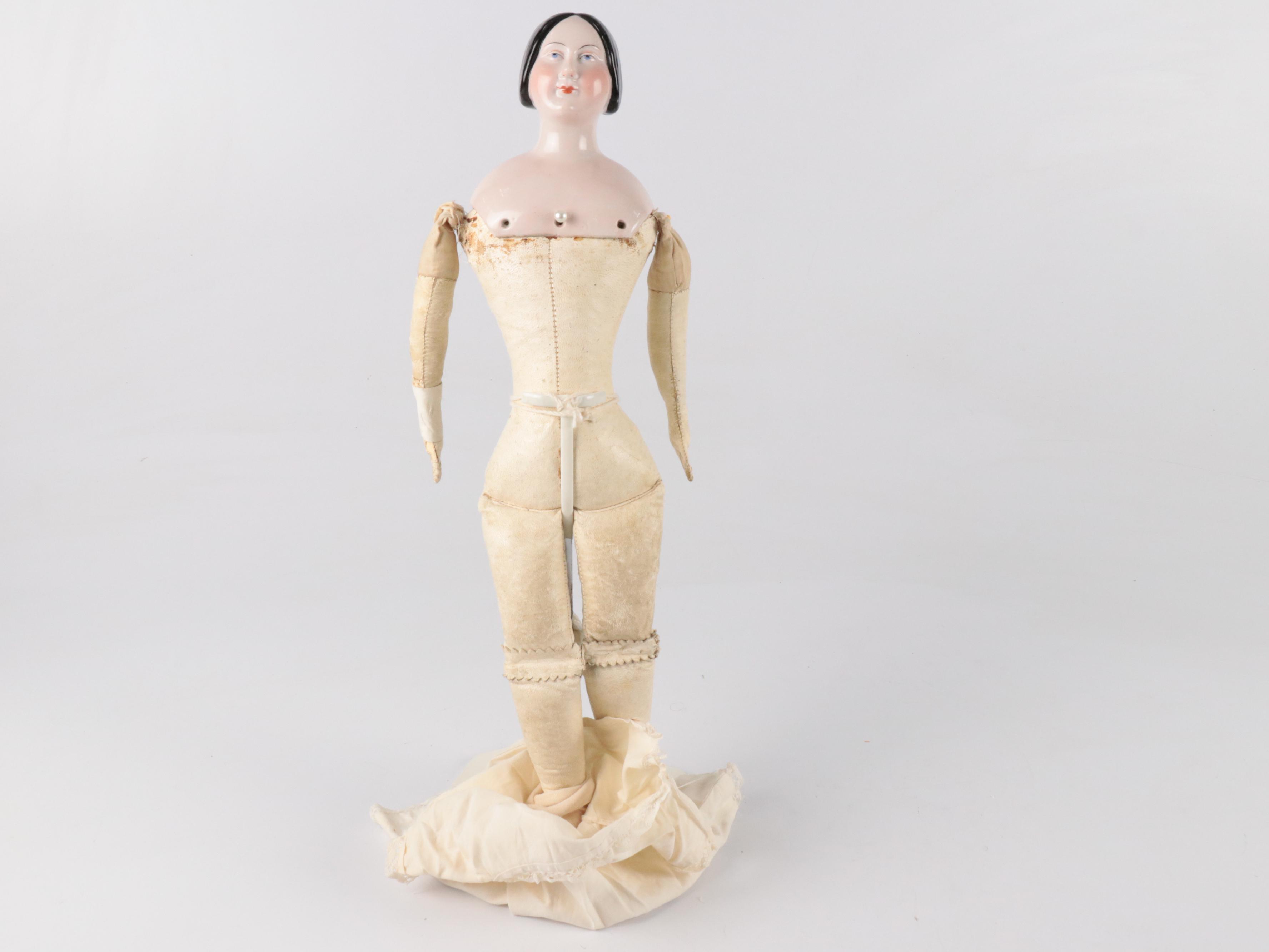 German Queen Victoria China Head Doll with Kid Leather Body, Mid-19th Century