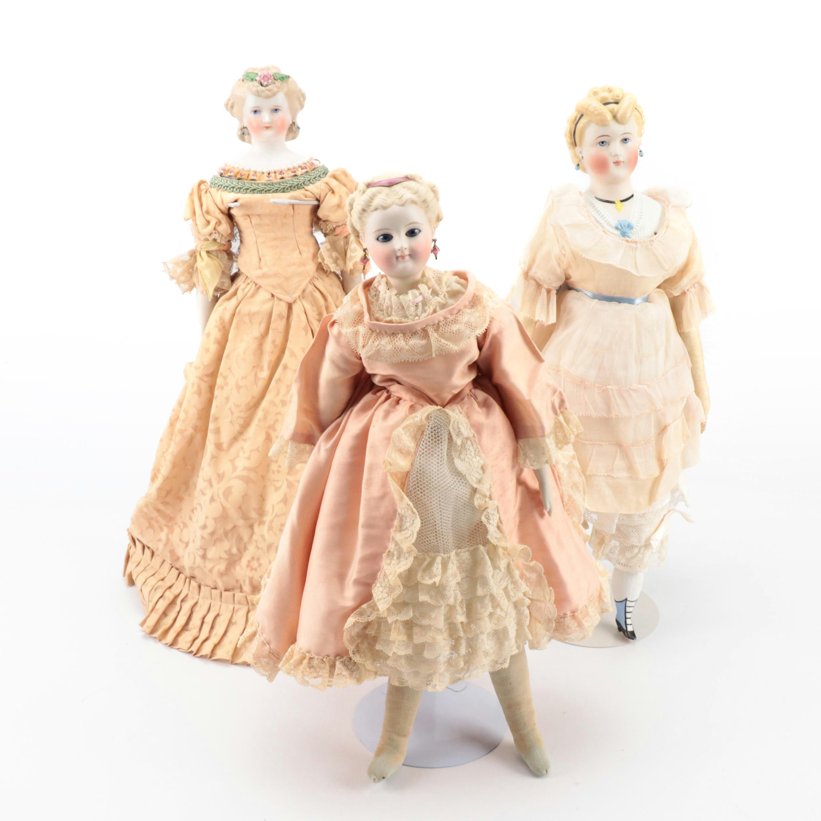 German Glass Eyed and Other Molded  Hair Parian Lady Dolls with Cloth Bodies