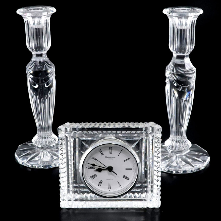 Waterford "Prentiss" Crystal Candlesticks With Rectangular Waterford Clock