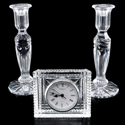 Waterford "Prentiss" Crystal Candle Holders With Rectangular Waterford Clock