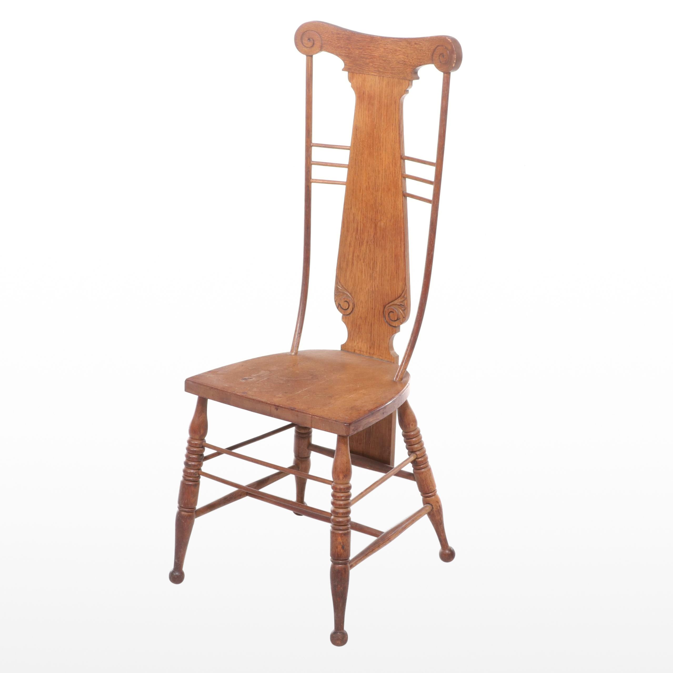 Arts & Crafts Style Carved Oak Exaggerated Fiddle Back Side Chair