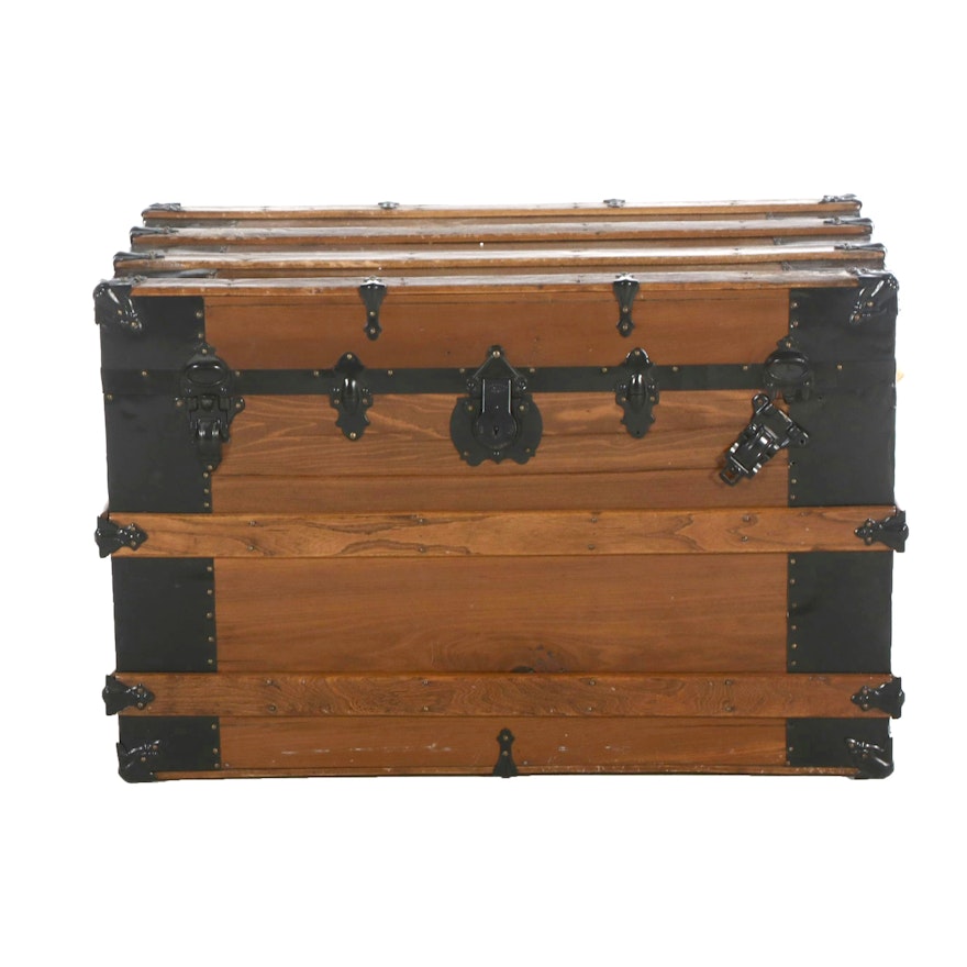 Late Victorian Pine and Painted Metal Travel Trunk, Circa 1900