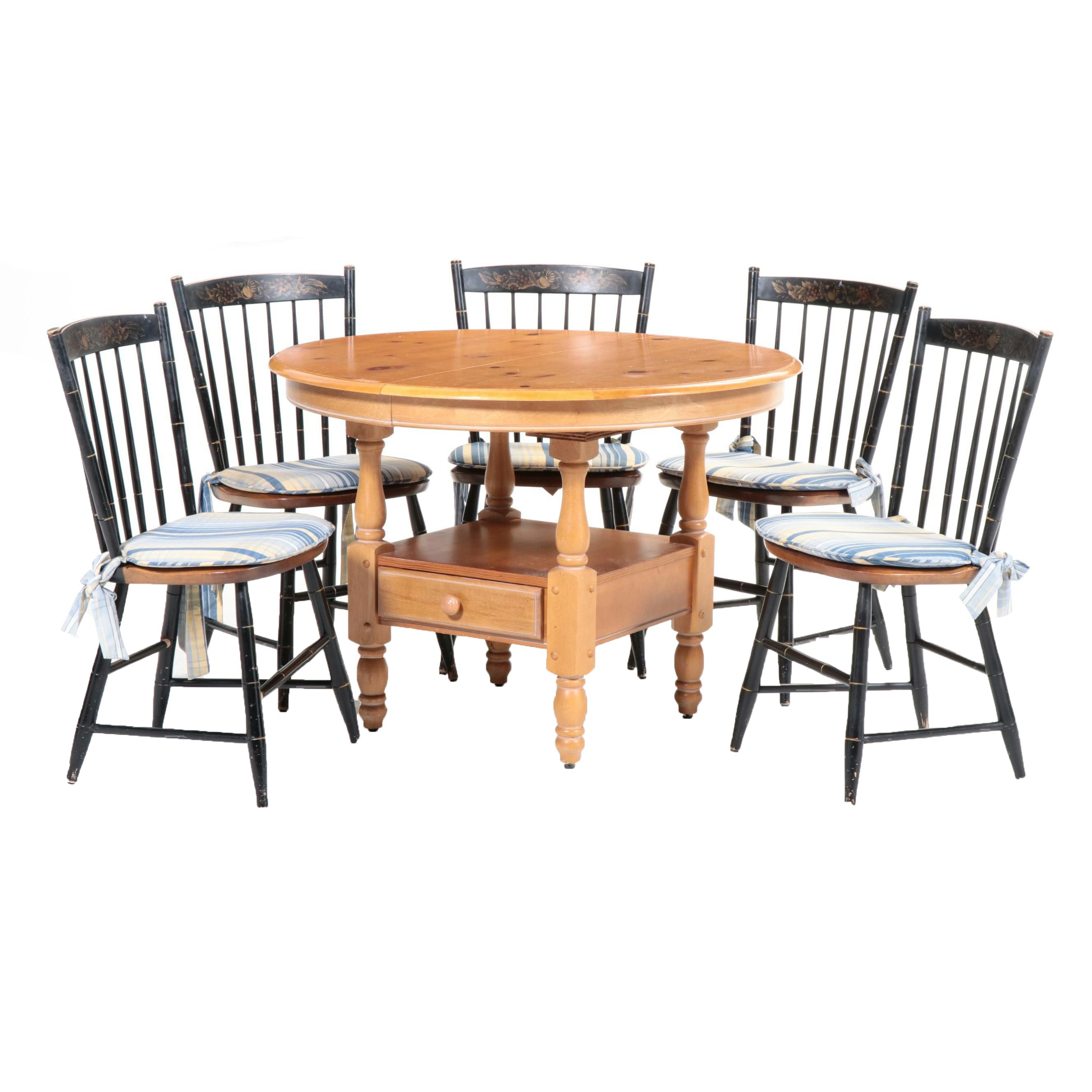 Five Stencil-Decorated L. Hitchcock Chairs with Pine Table