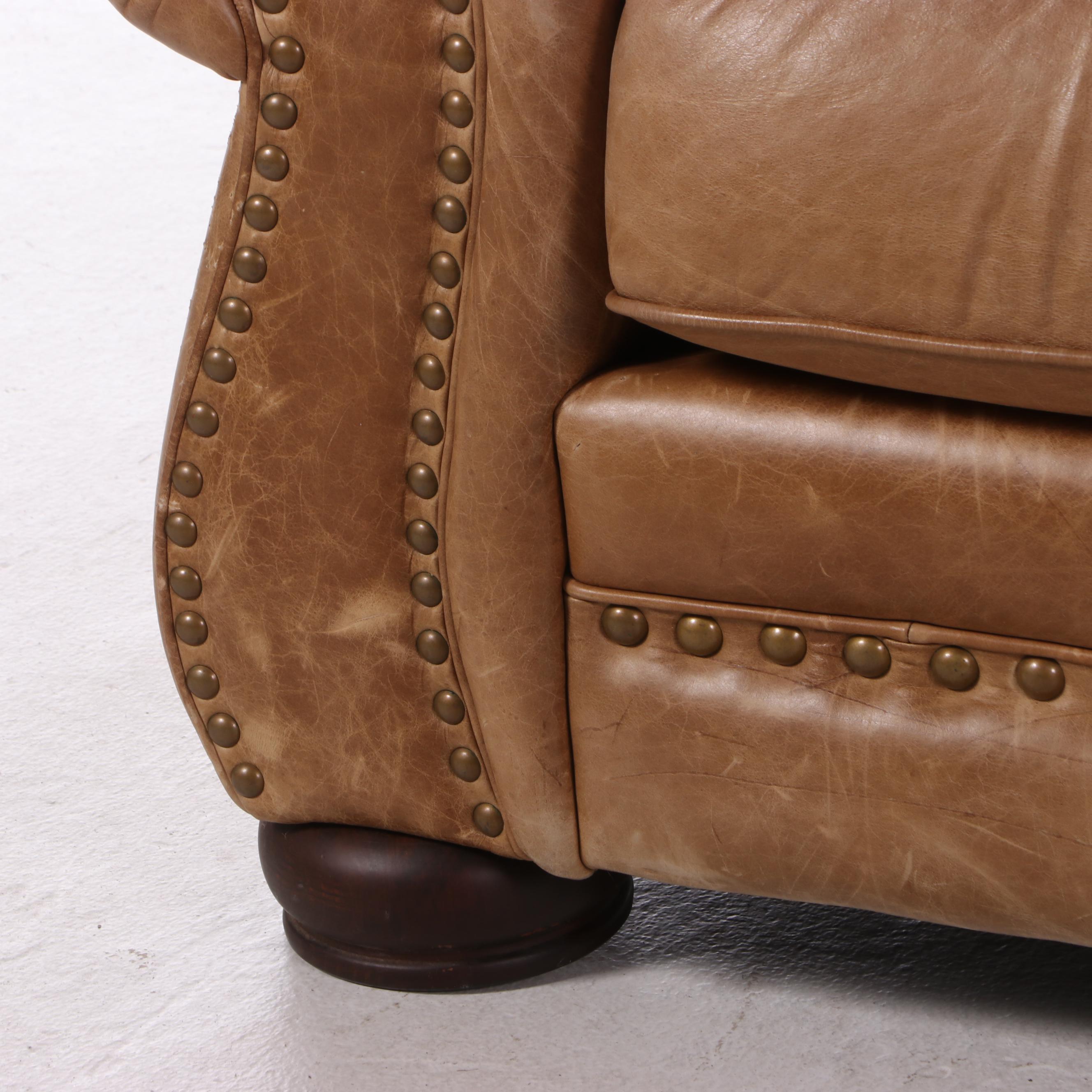 Lane Leather Roll-Arm Sofa with Nailheads