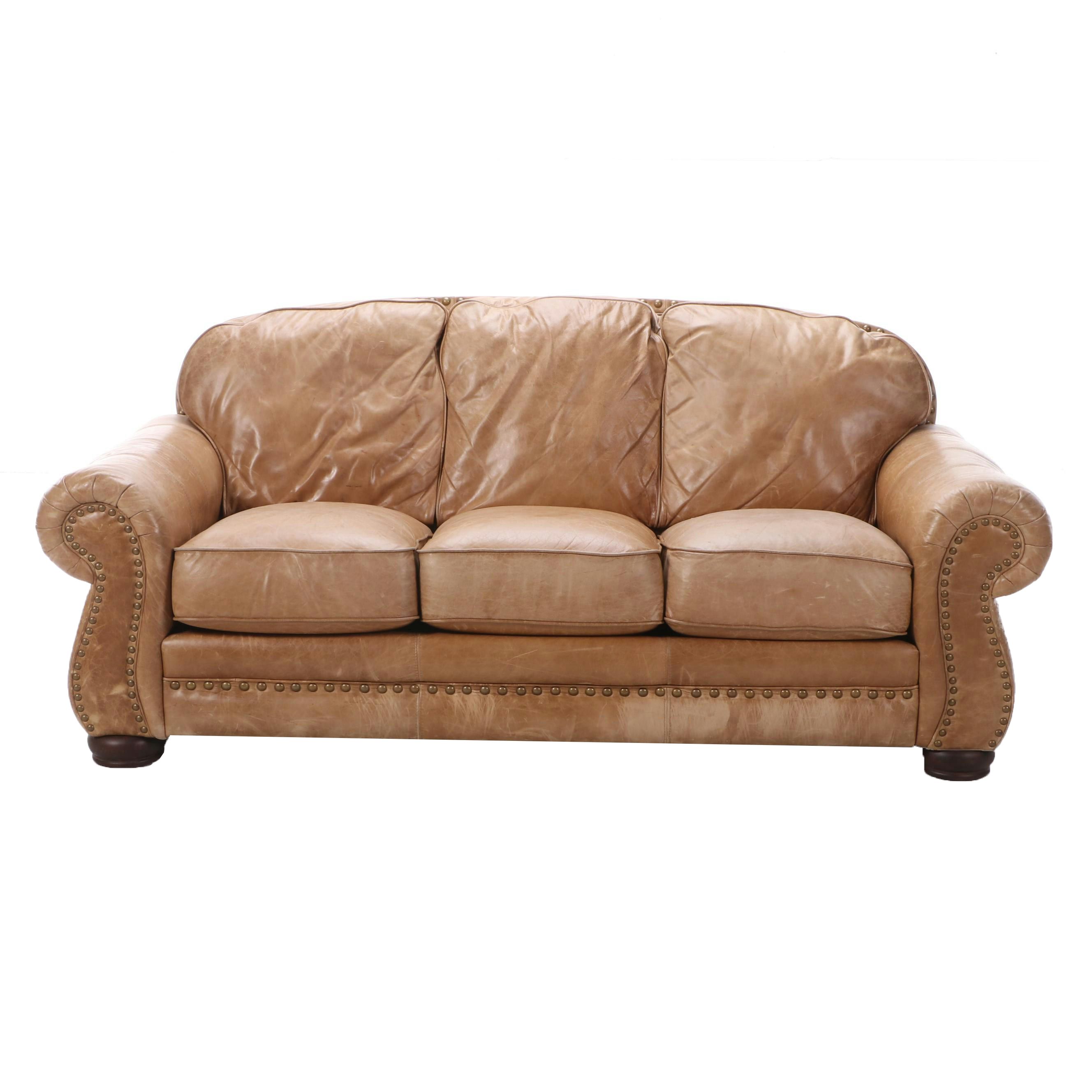 Lane Leather Roll-Arm Sofa with Nailheads