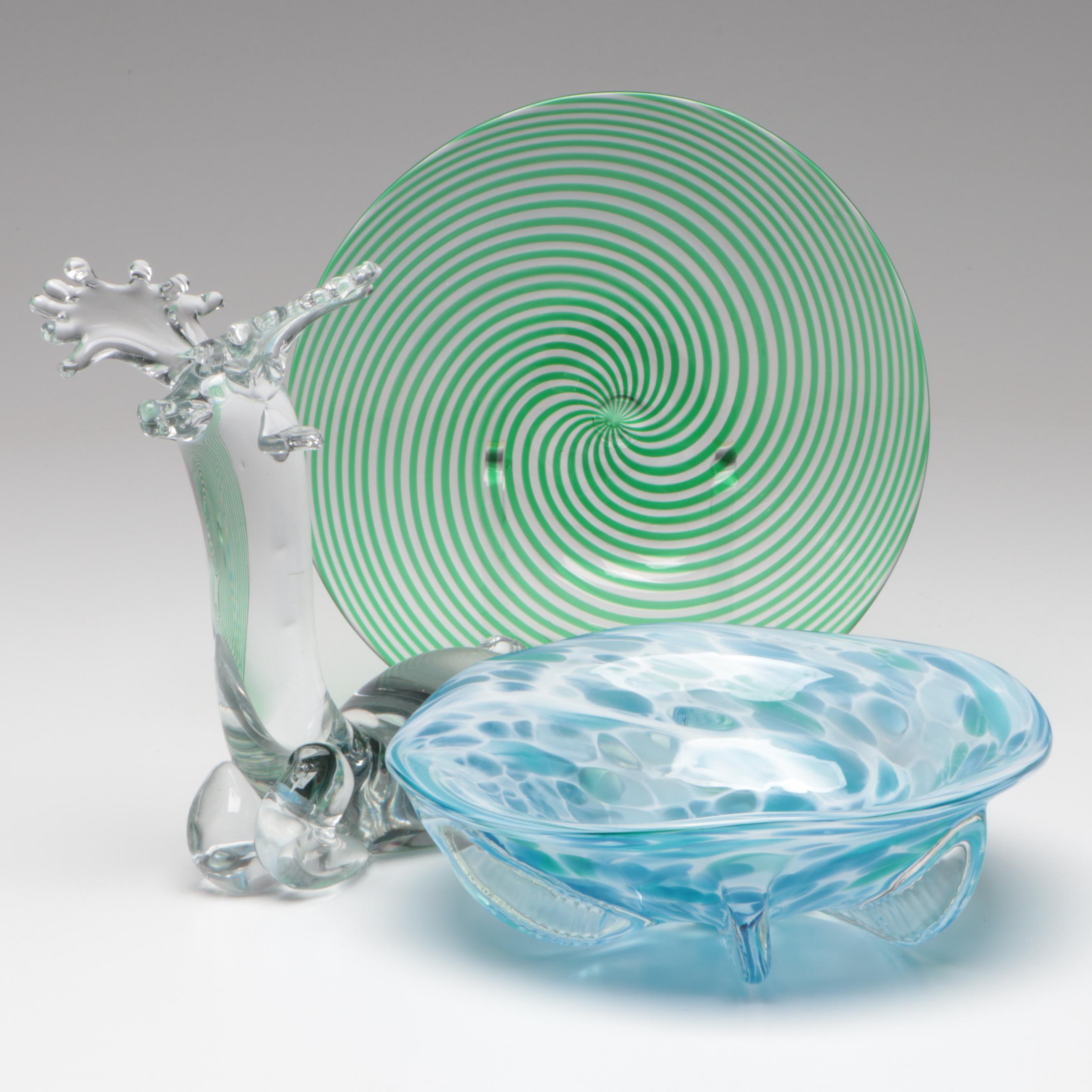 Studio Art Glass Blown Glass Swirl Plate, Bowl, and Figurine