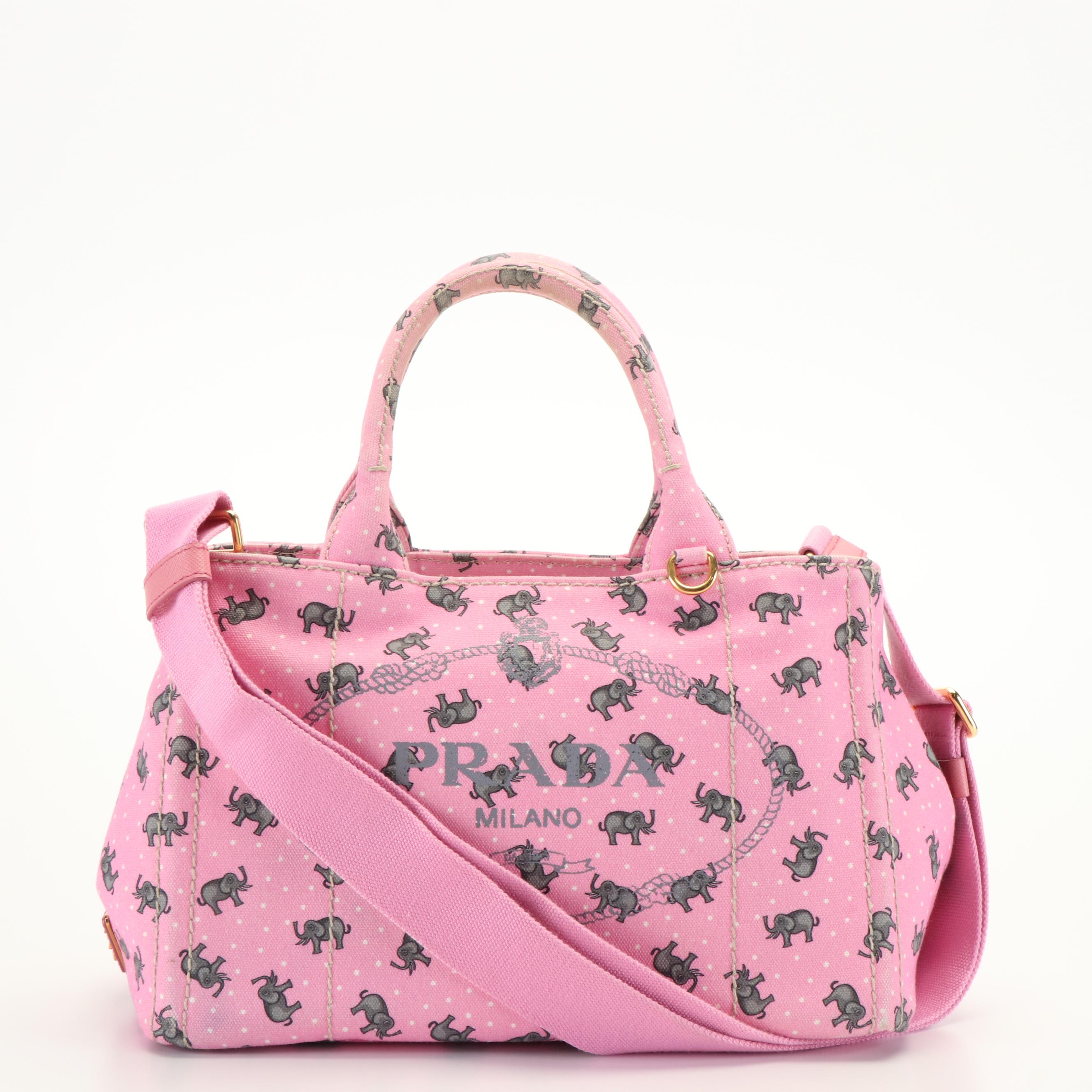 Prada Elephant Printed Pink Canvas Canapa Tote Bag
