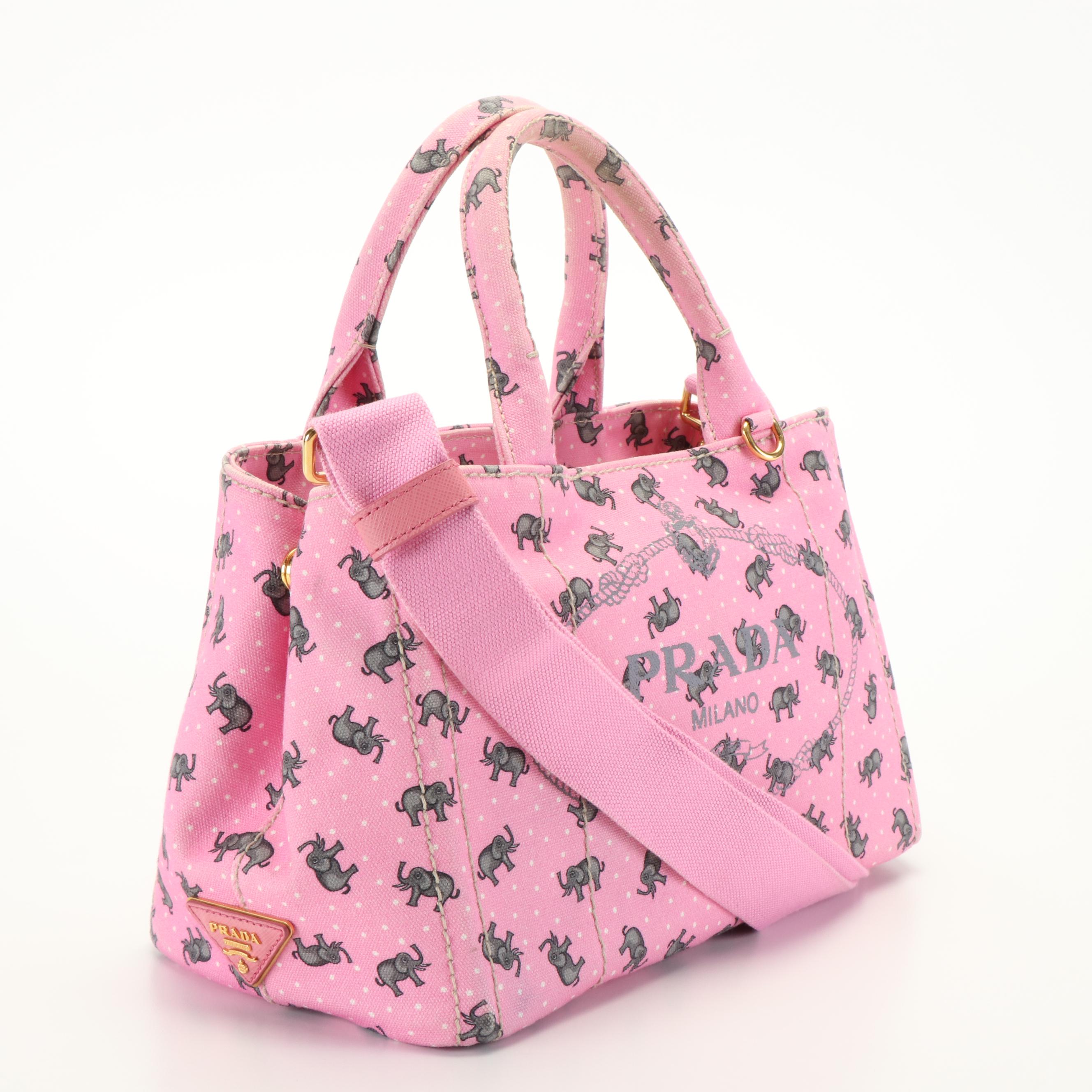 Prada Elephant Printed Pink Canvas Canapa Tote Bag