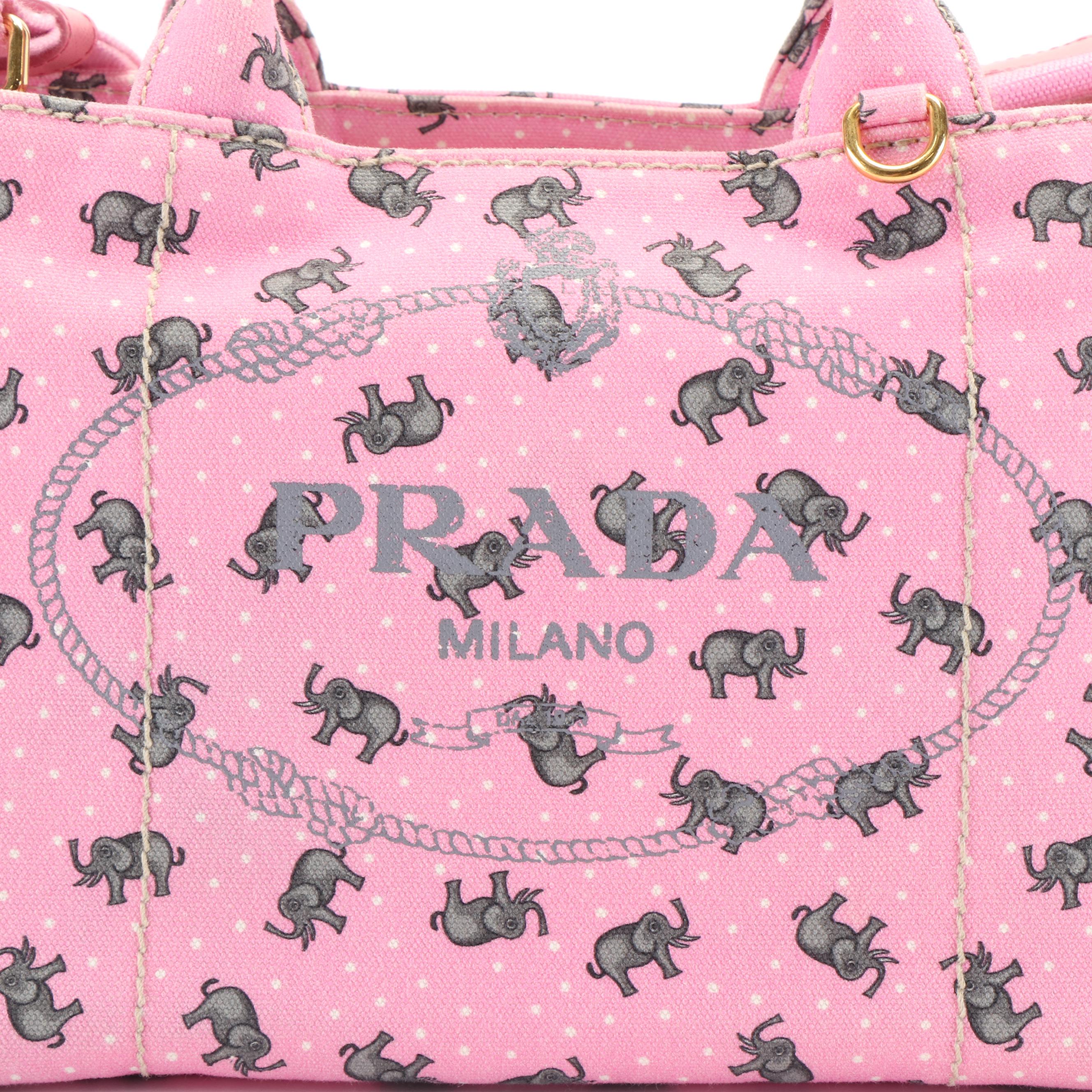 Prada Elephant Printed Pink Canvas Canapa Tote Bag