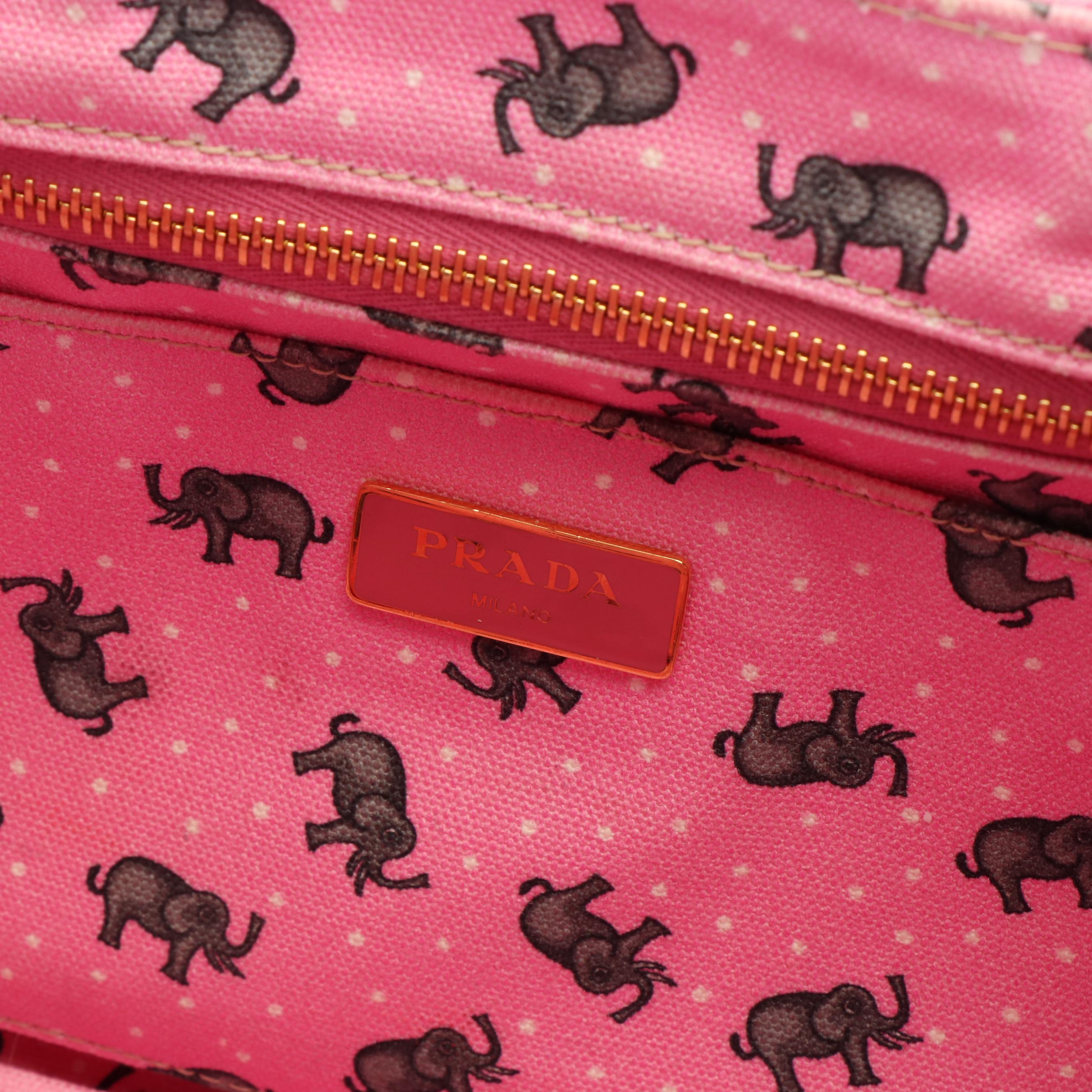 Prada Elephant Printed Pink Canvas Canapa Tote Bag