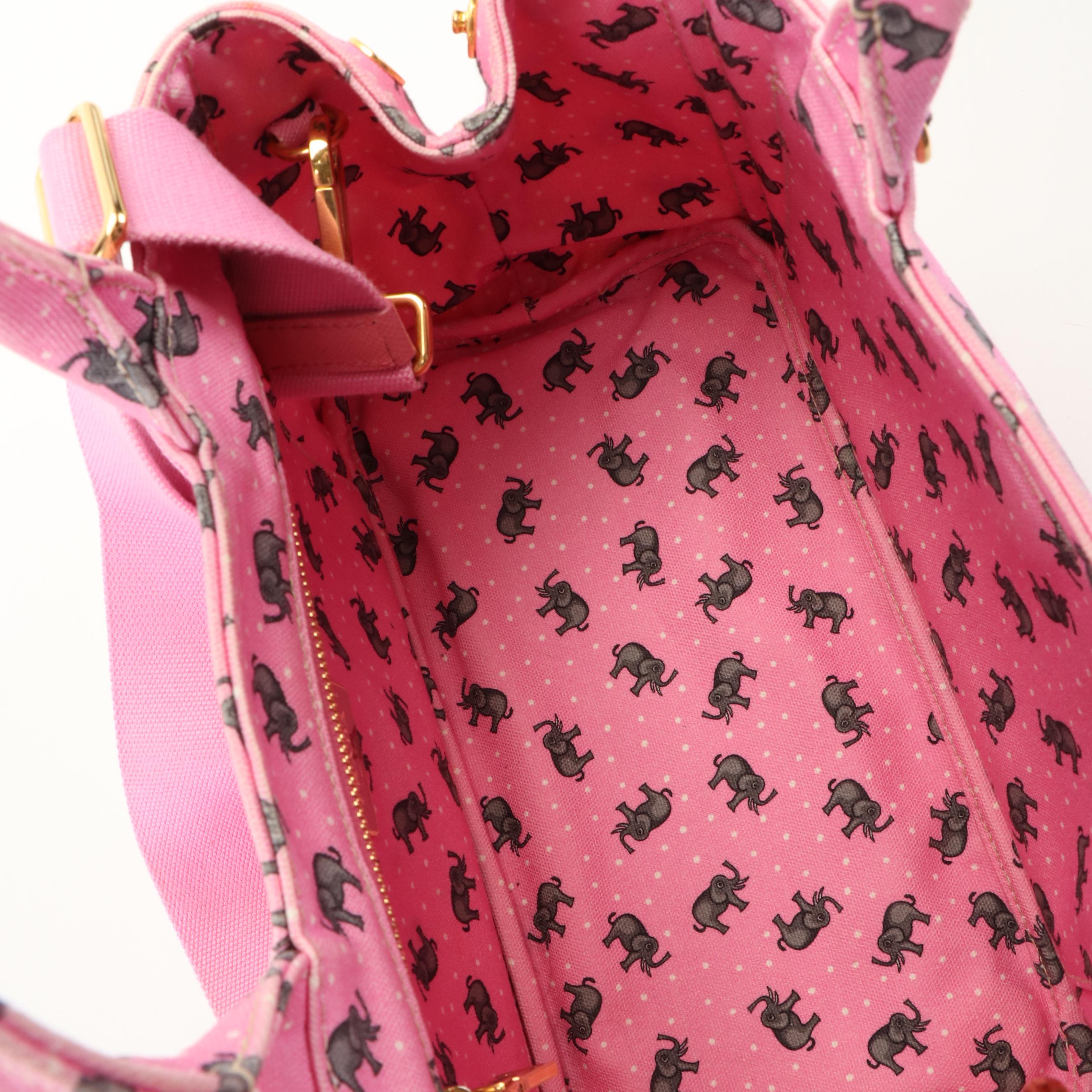 Prada Elephant Printed Pink Canvas Canapa Tote Bag