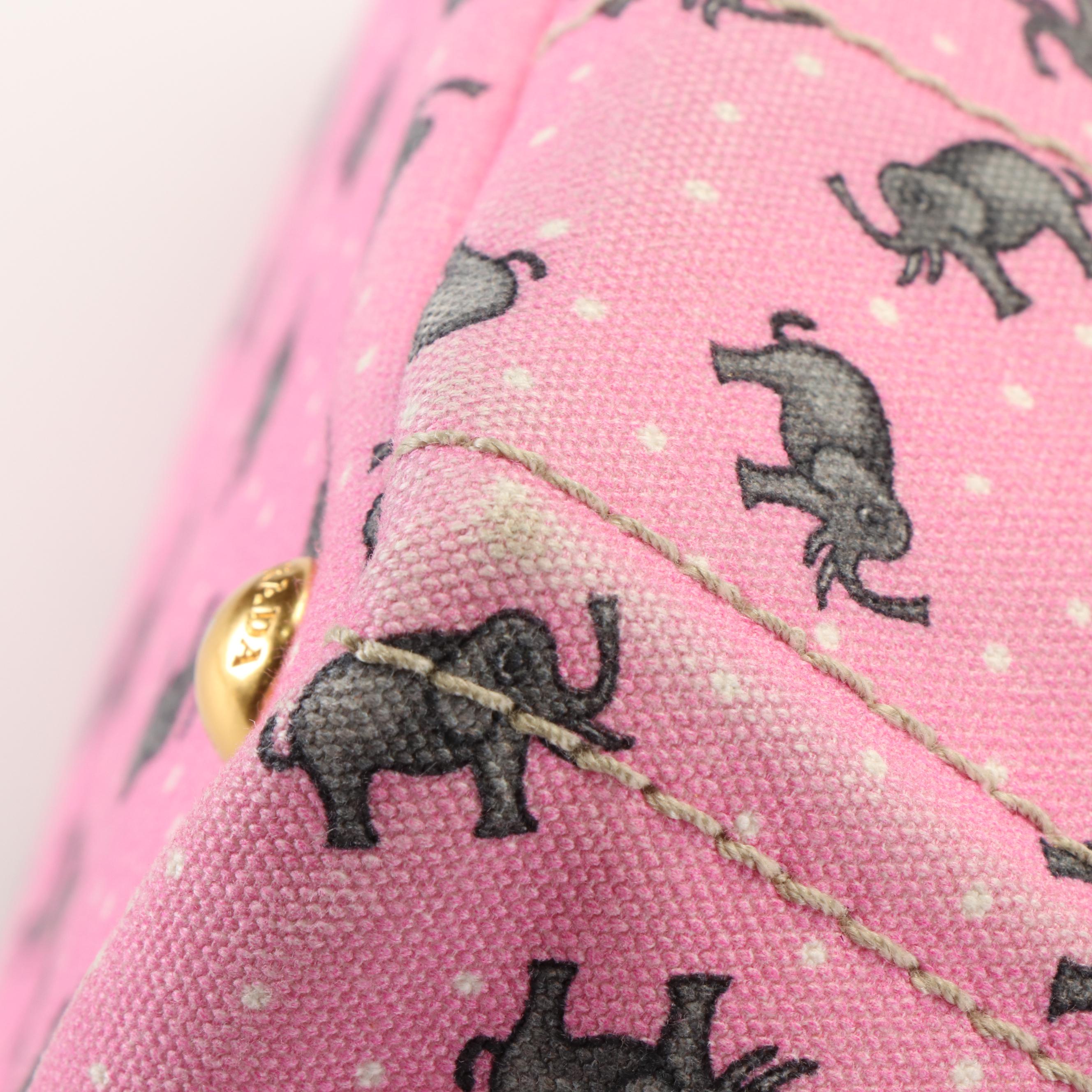 Prada Elephant Printed Pink Canvas Canapa Tote Bag