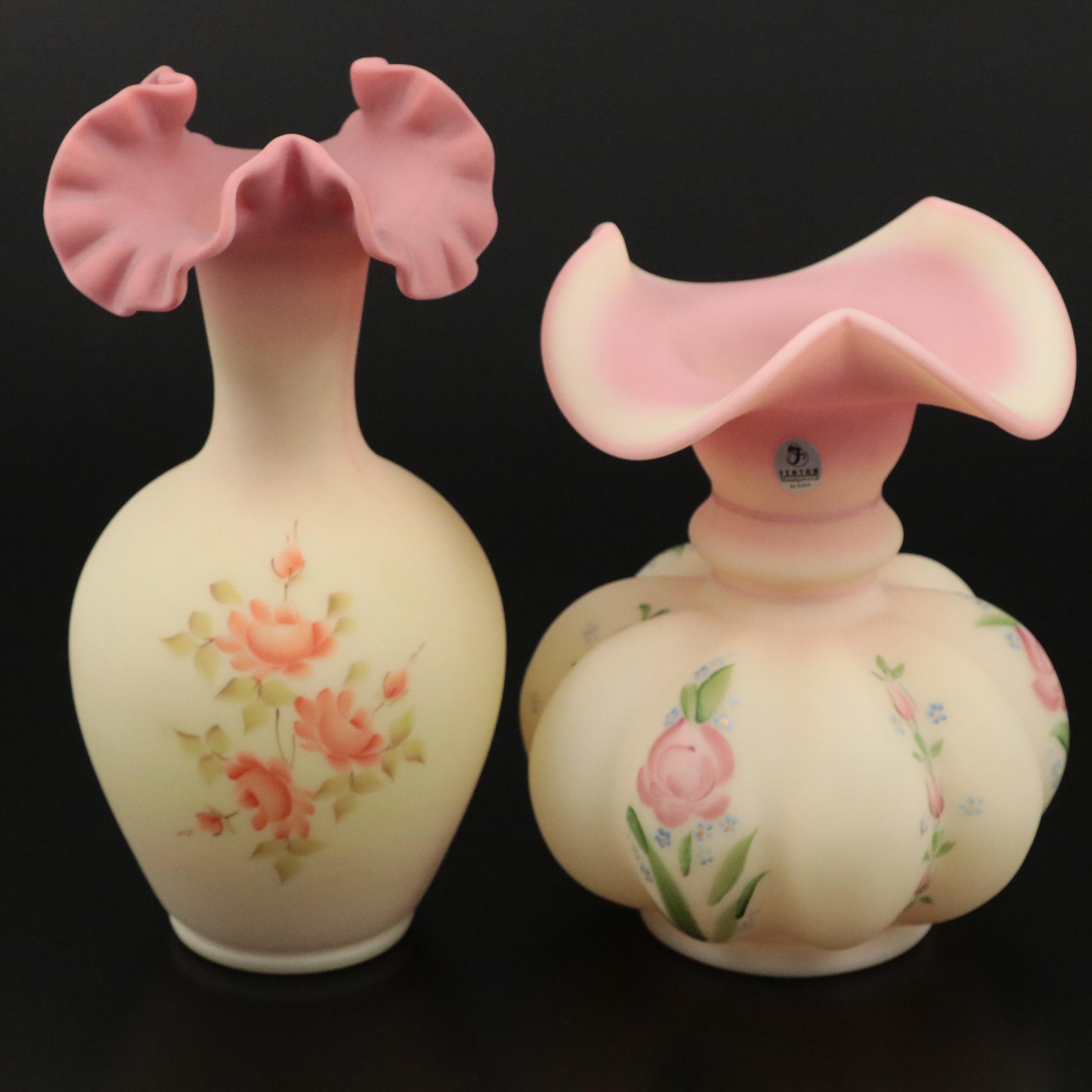 Fenton "Peacock" Pressed Glass Vase and Other Fenton Hand-Painted Vases