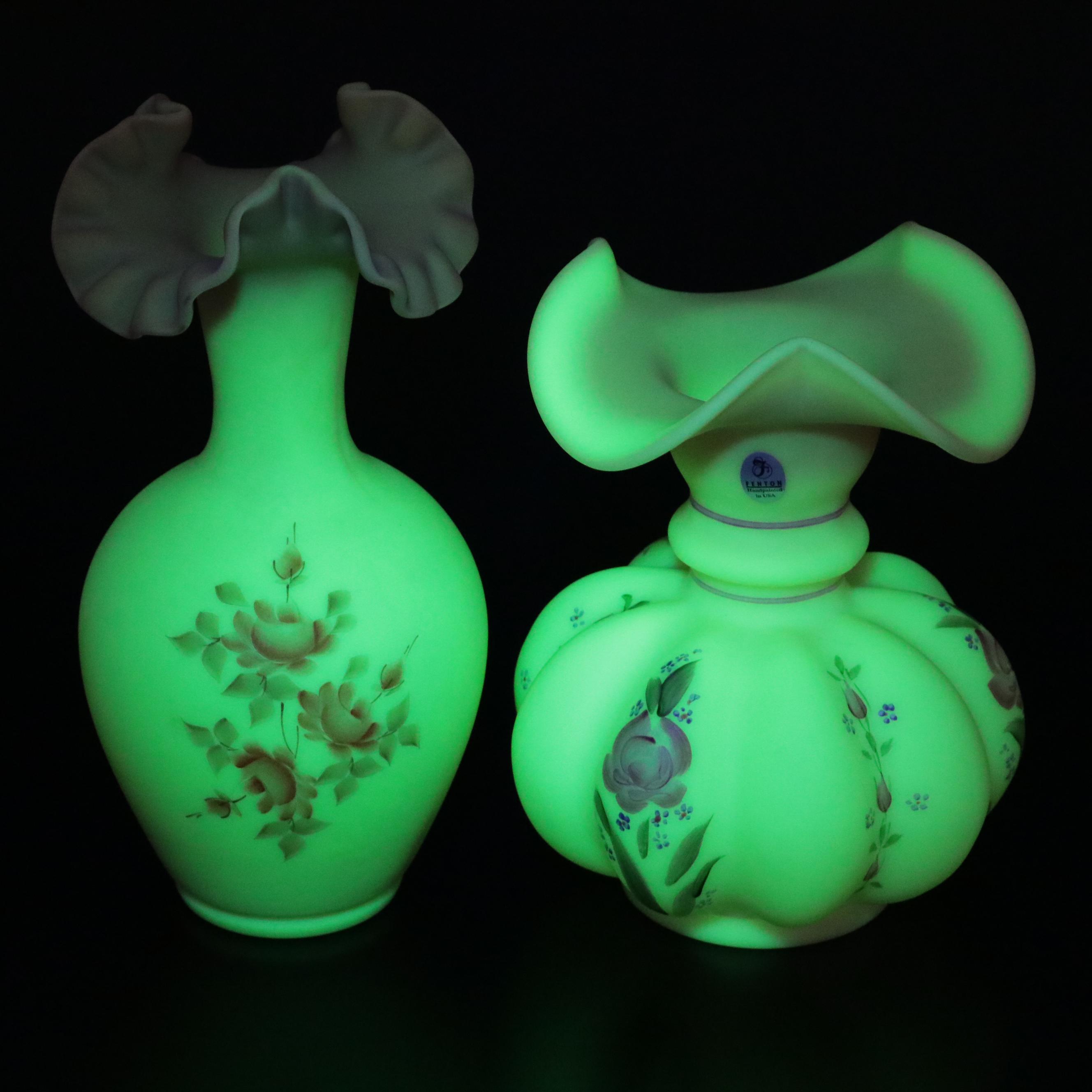 Fenton "Peacock" Pressed Glass Vase and Other Fenton Hand-Painted Vases