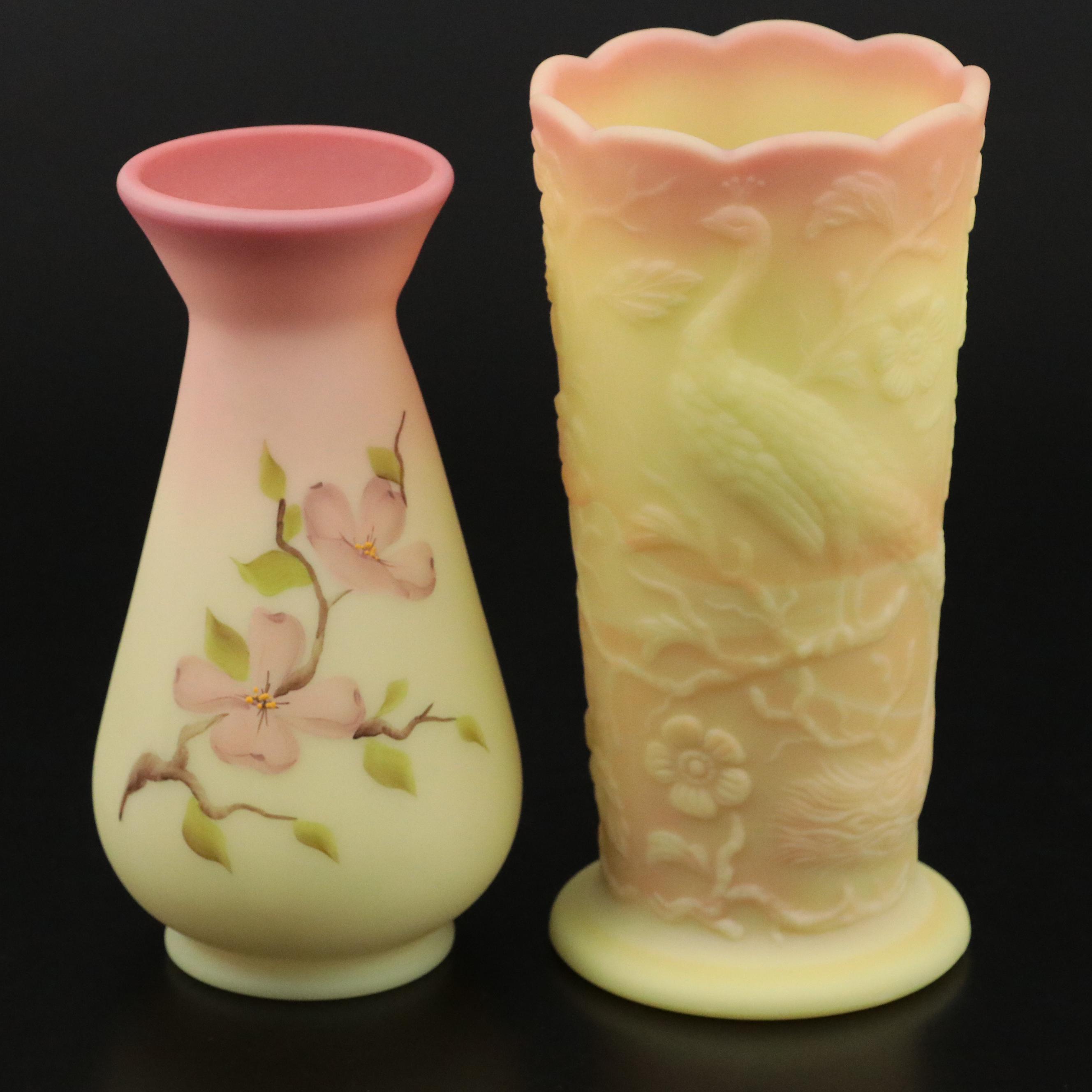 Fenton "Peacock" Pressed Glass Vase and Other Fenton Hand-Painted Vases