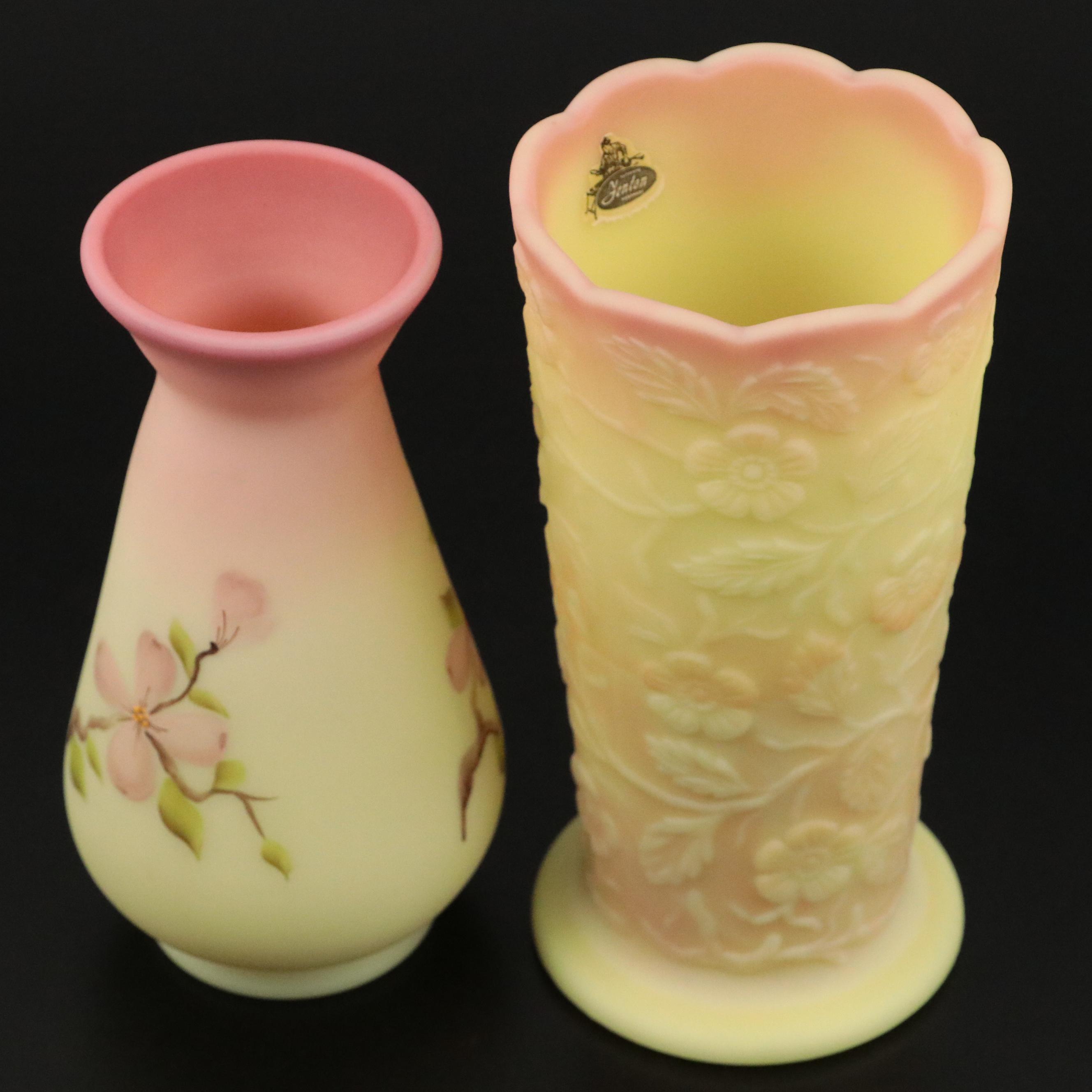 Fenton "Peacock" Pressed Glass Vase and Other Fenton Hand-Painted Vases