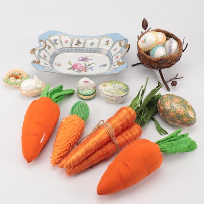 Porcelain Bowl With Handmade Fiber Art Carrots, More Easter Decor