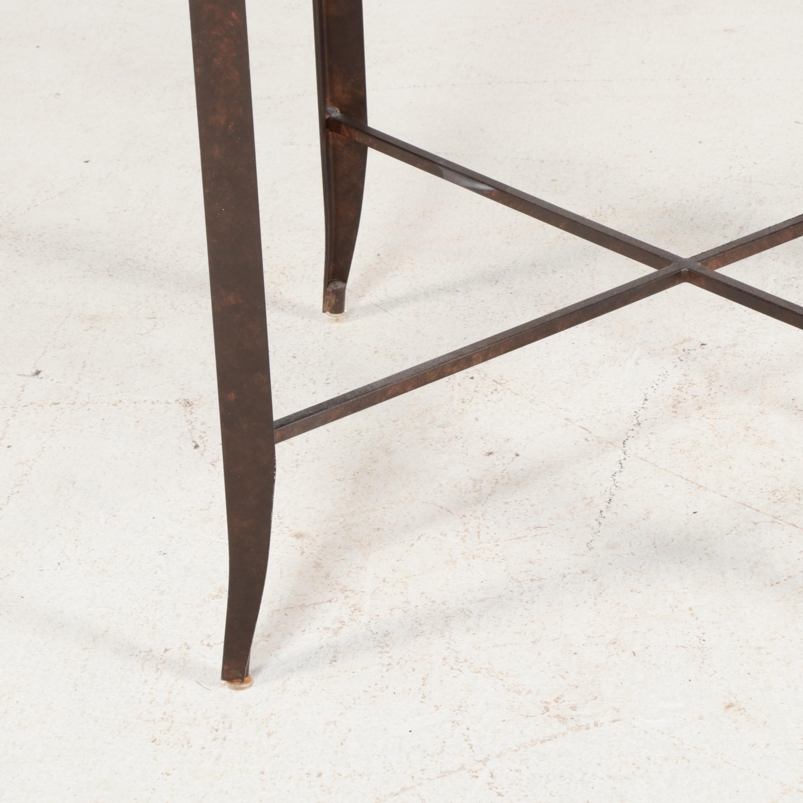 Kessler Industries Metal and Glass Table, Upholstered Armchairs and Stools