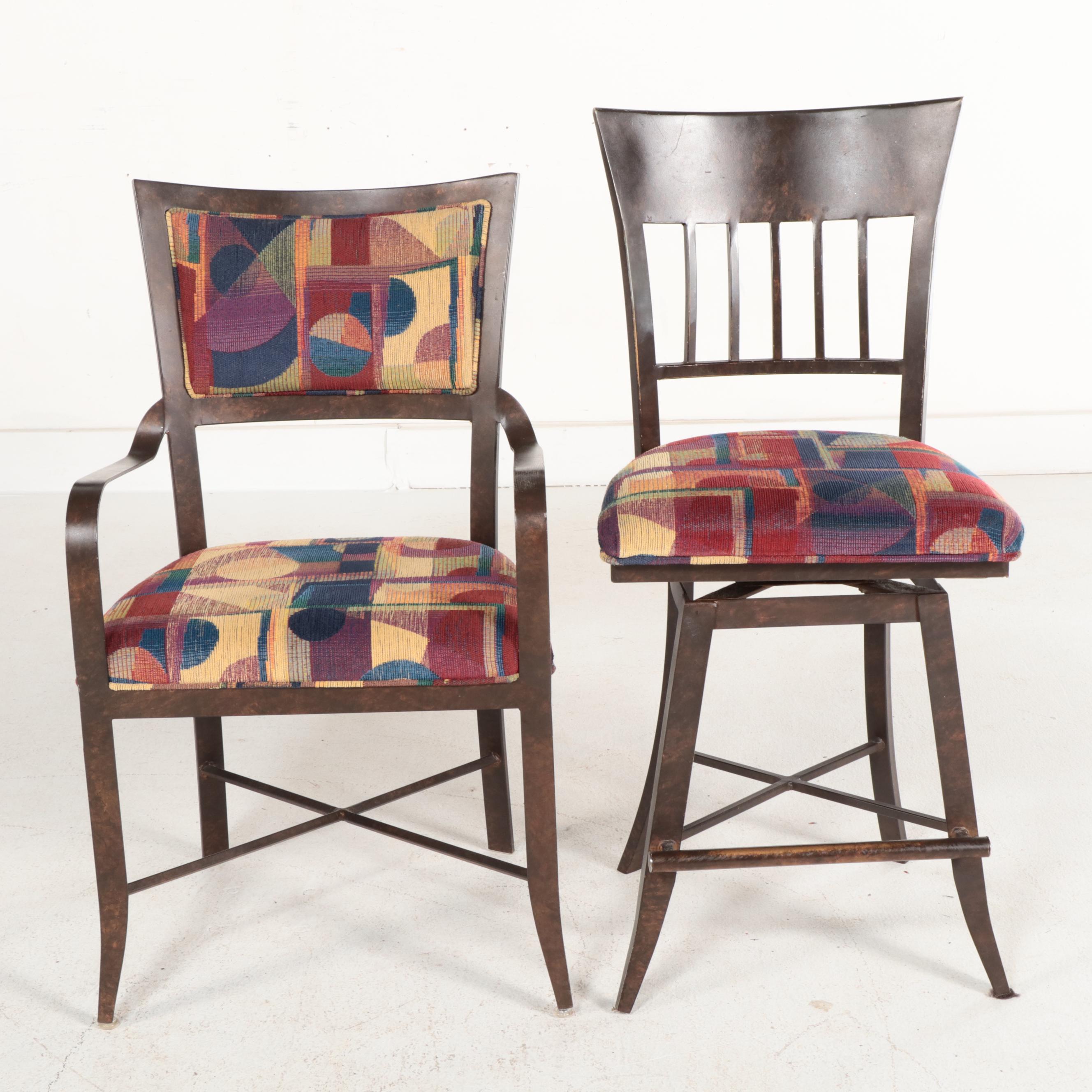 Kessler Industries Metal and Glass Table, Upholstered Armchairs and Stools