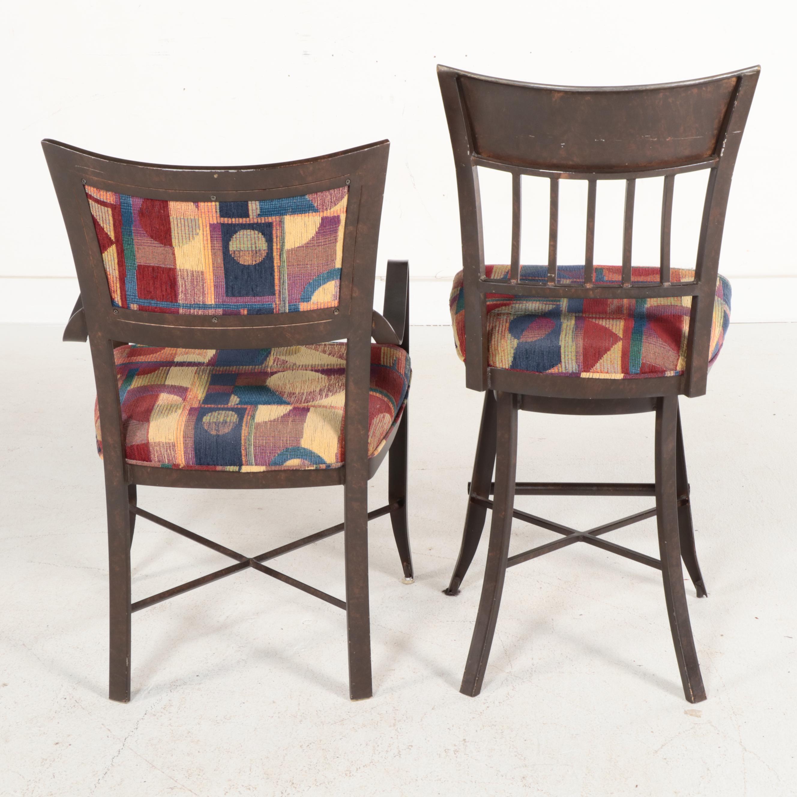 Kessler Industries Metal and Glass Table, Upholstered Armchairs and Stools