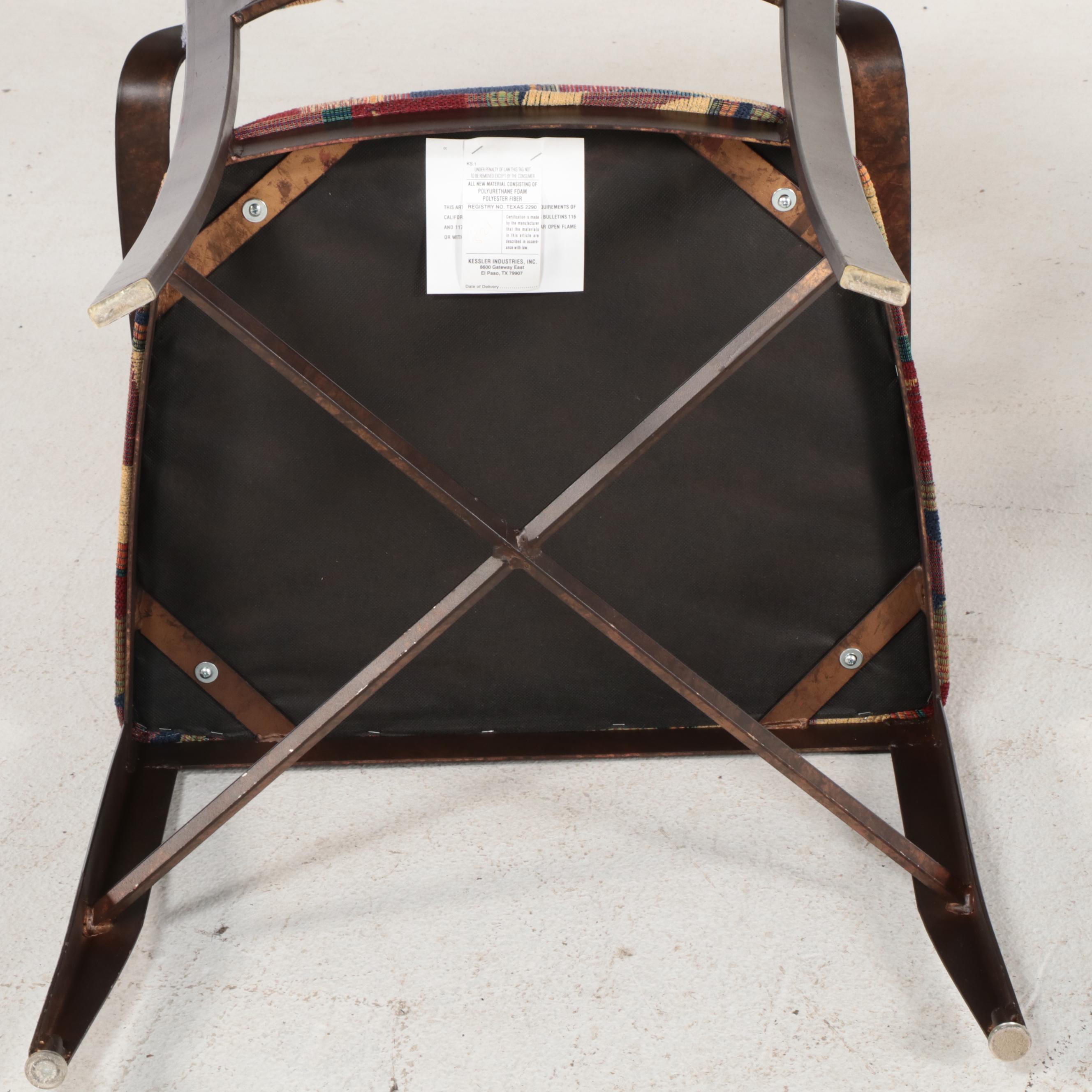 Kessler Industries Metal and Glass Table, Upholstered Armchairs and Stools