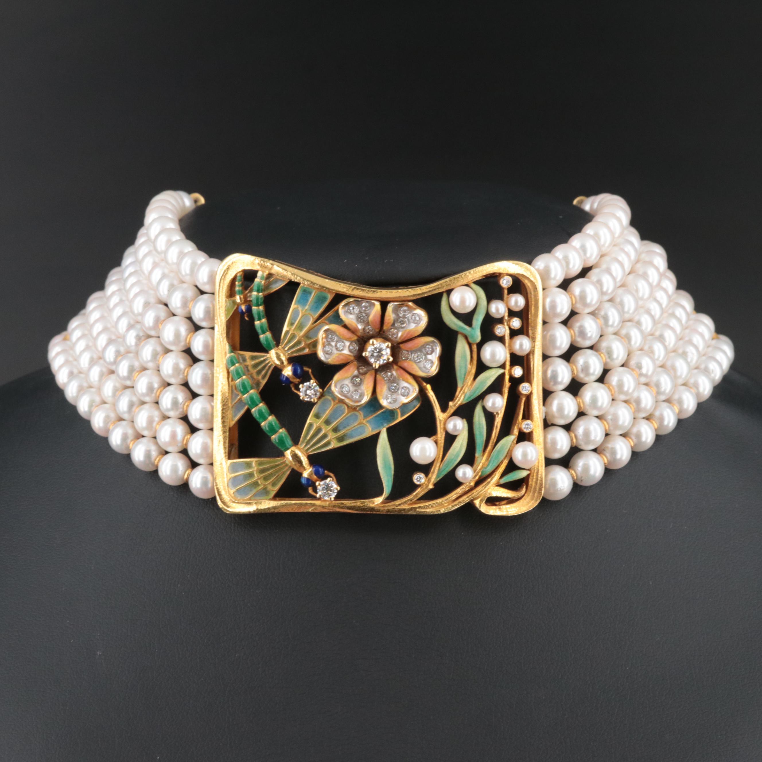 Masriera 18K Pearl and 1.25 CTW Diamond Choker with Plique-à-jour Dragonflies