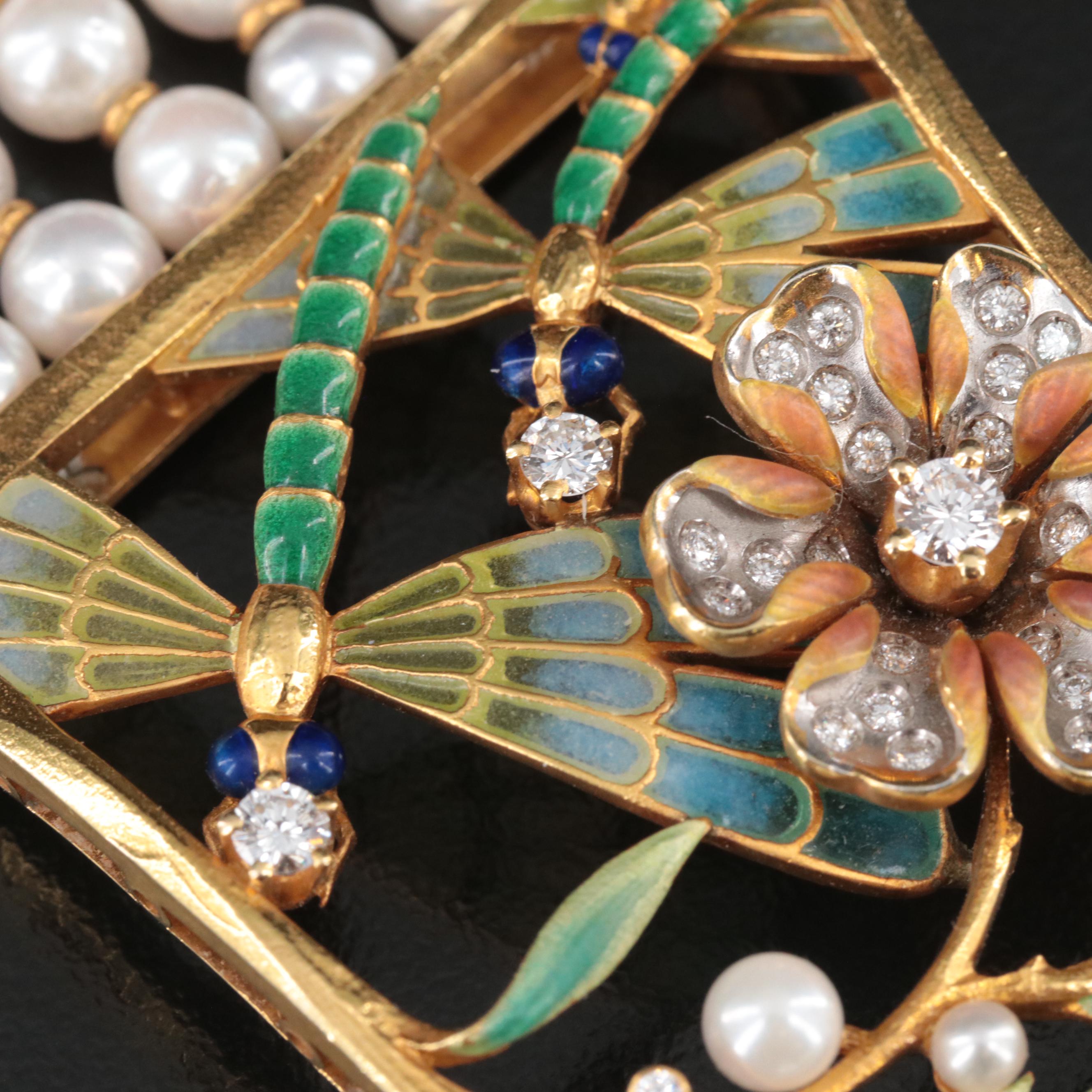 Masriera 18K Pearl and 1.25 CTW Diamond Choker with Plique-à-jour Dragonflies