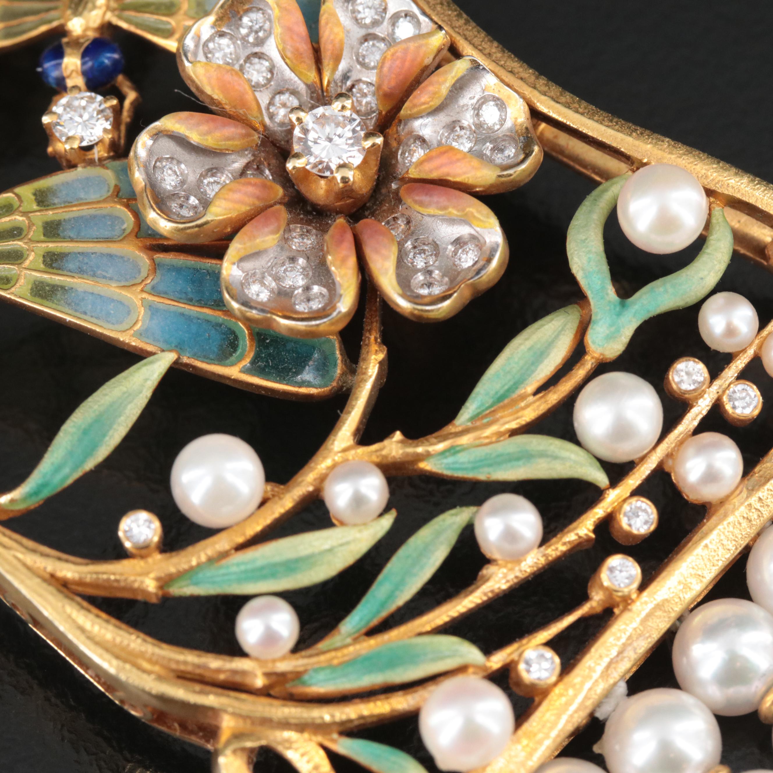 Masriera 18K Pearl and 1.25 CTW Diamond Choker with Plique-à-jour Dragonflies