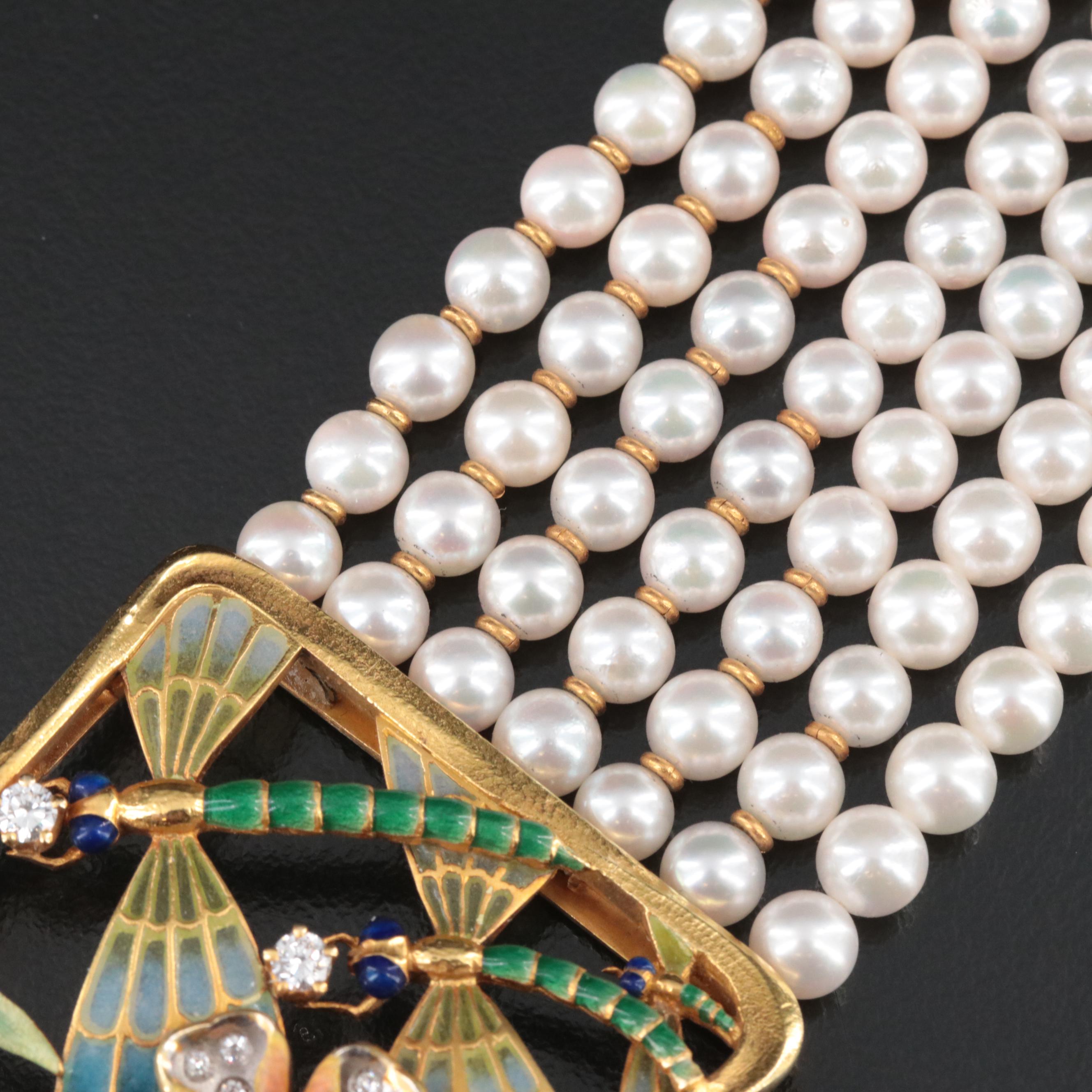 Masriera 18K Pearl and 1.25 CTW Diamond Choker with Plique-à-jour Dragonflies
