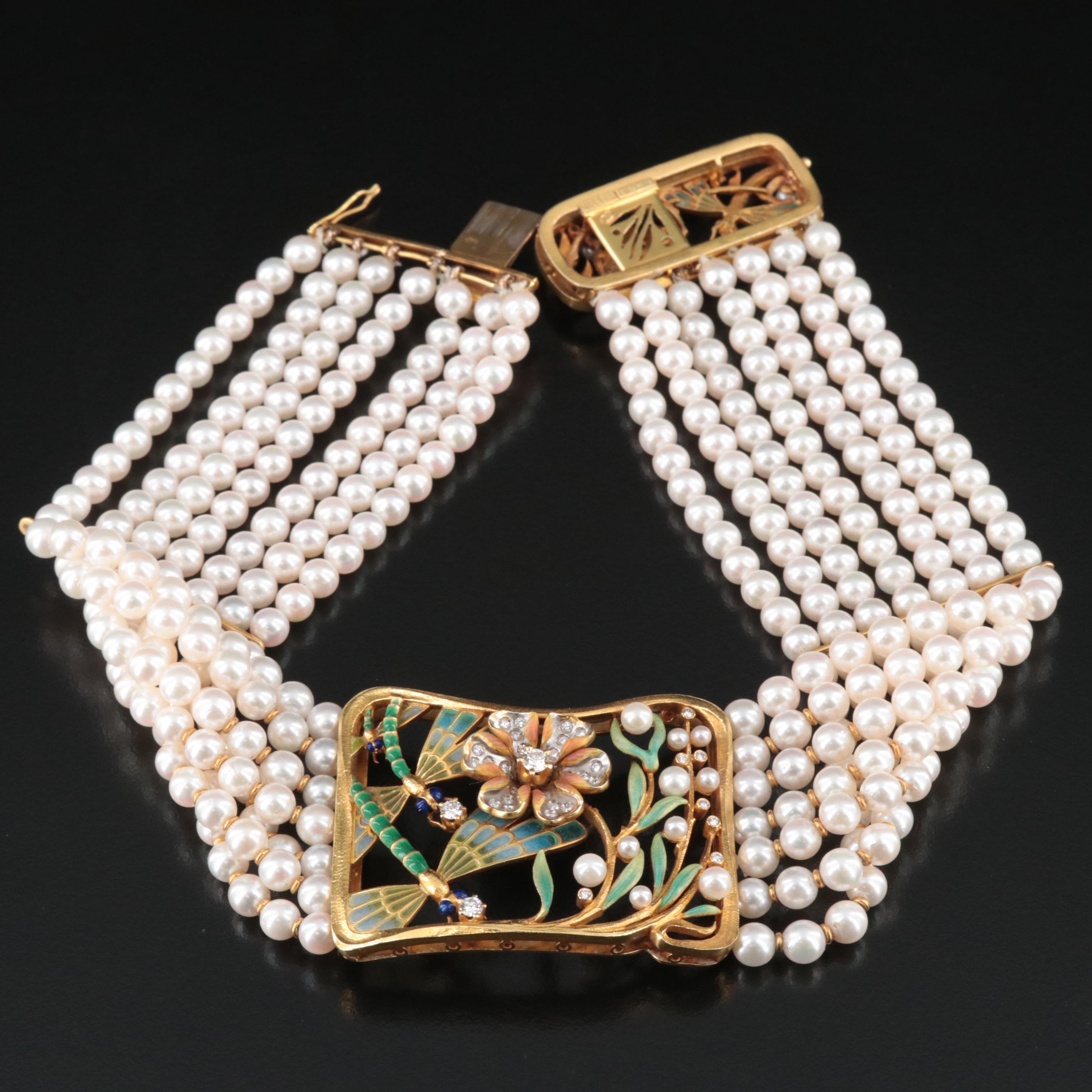 Masriera 18K Pearl and 1.25 CTW Diamond Choker with Plique-à-jour Dragonflies
