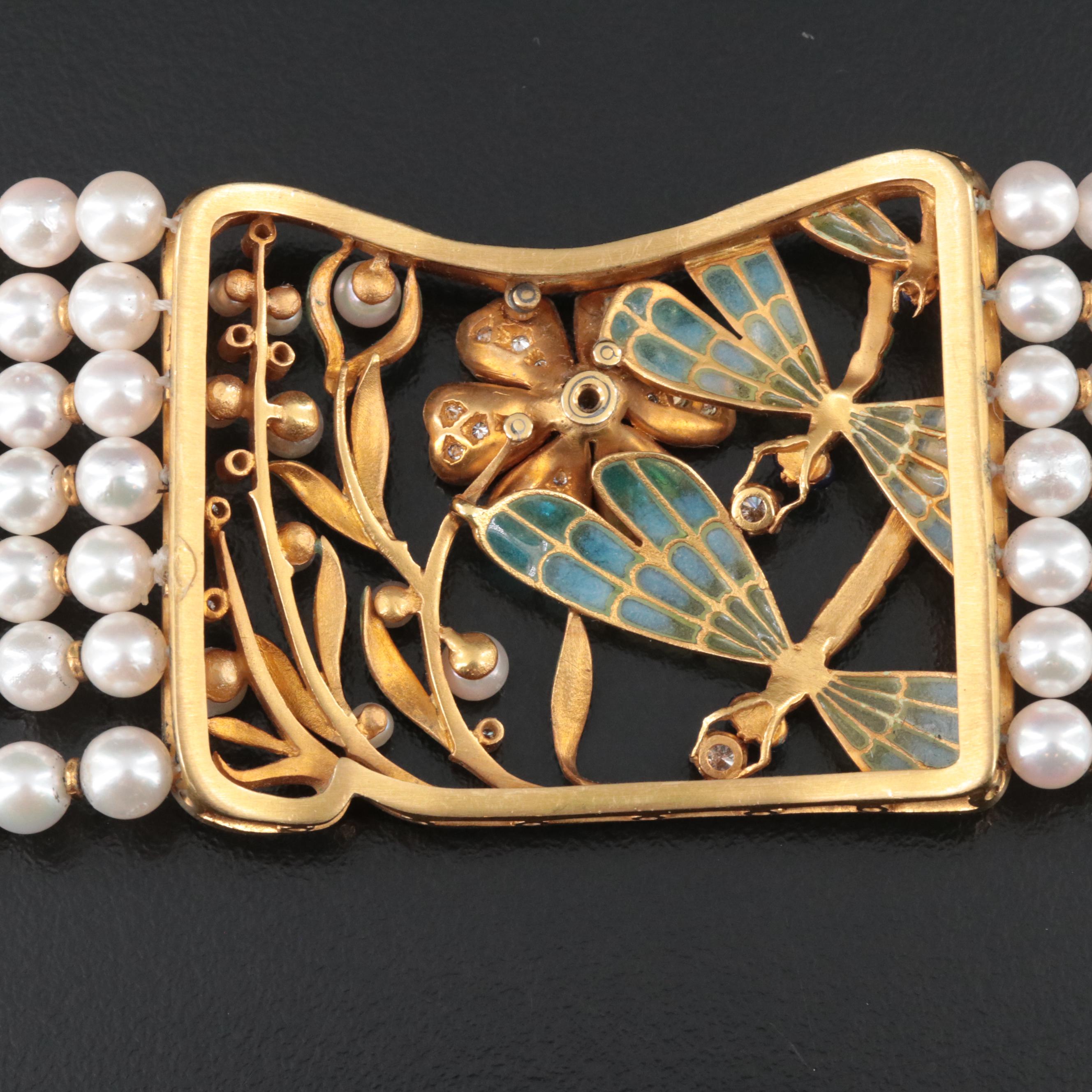 Masriera 18K Pearl and 1.25 CTW Diamond Choker with Plique-à-jour Dragonflies